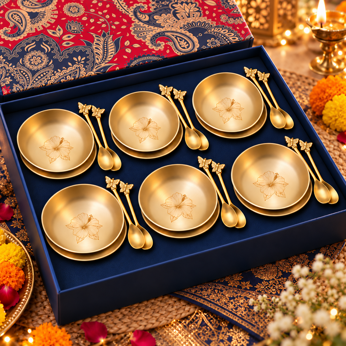 Ambi Hibiscus-Etched Pure Kansa Plate and Brass Spoon Gift Box | Set of 12