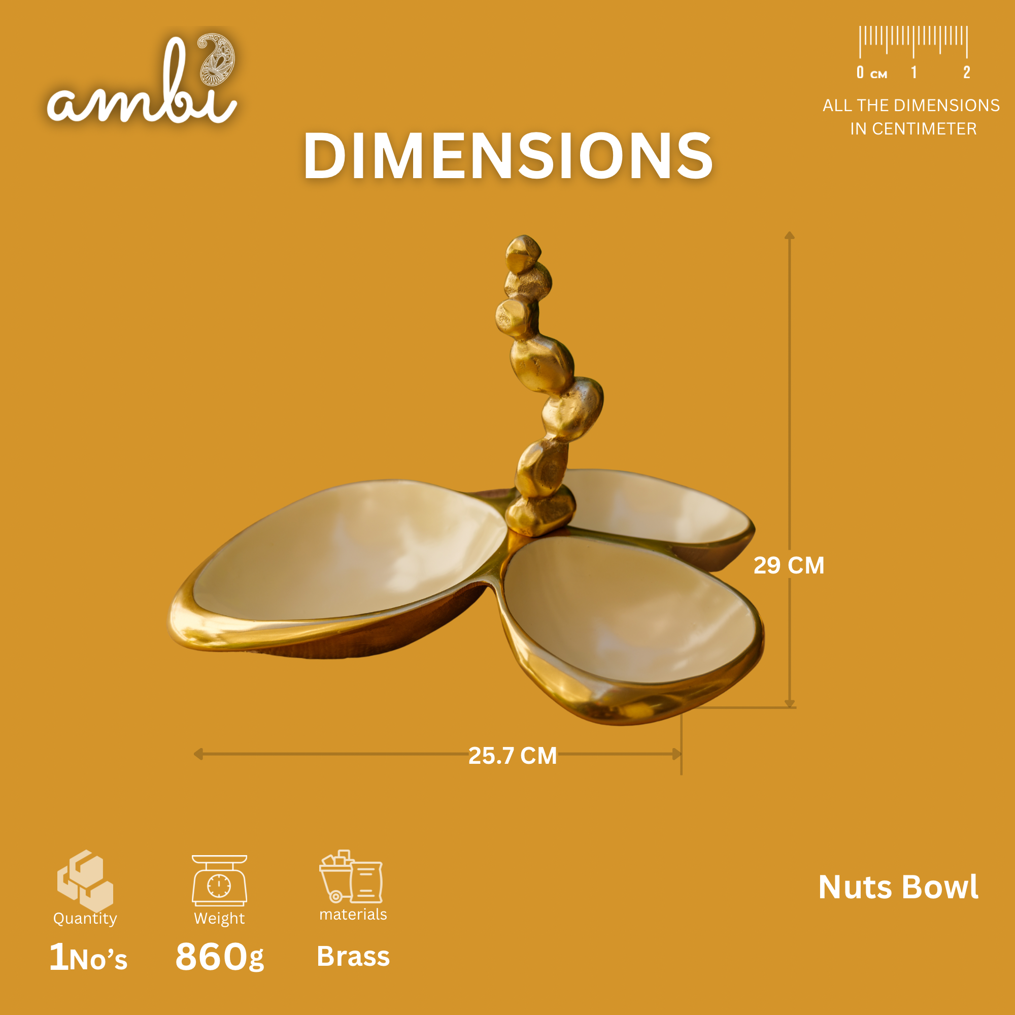 Pure Brass Gold Edge Nuts Bowls - 3 Bowls in a Single Piece