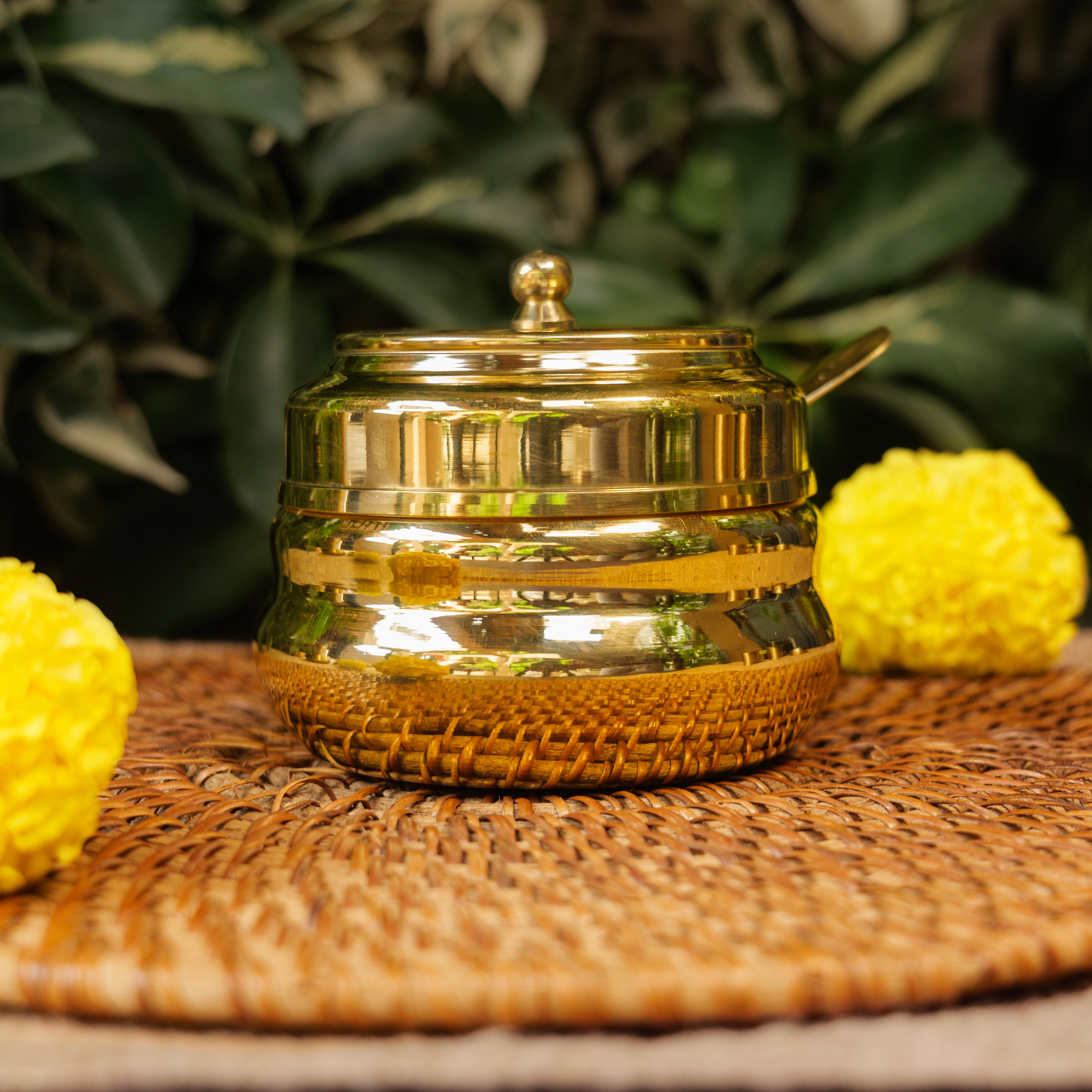 Pure Brass Ghee Pot With Spoon - Gold Finish / Transparent Top - With 'Kalai' Tin Coating