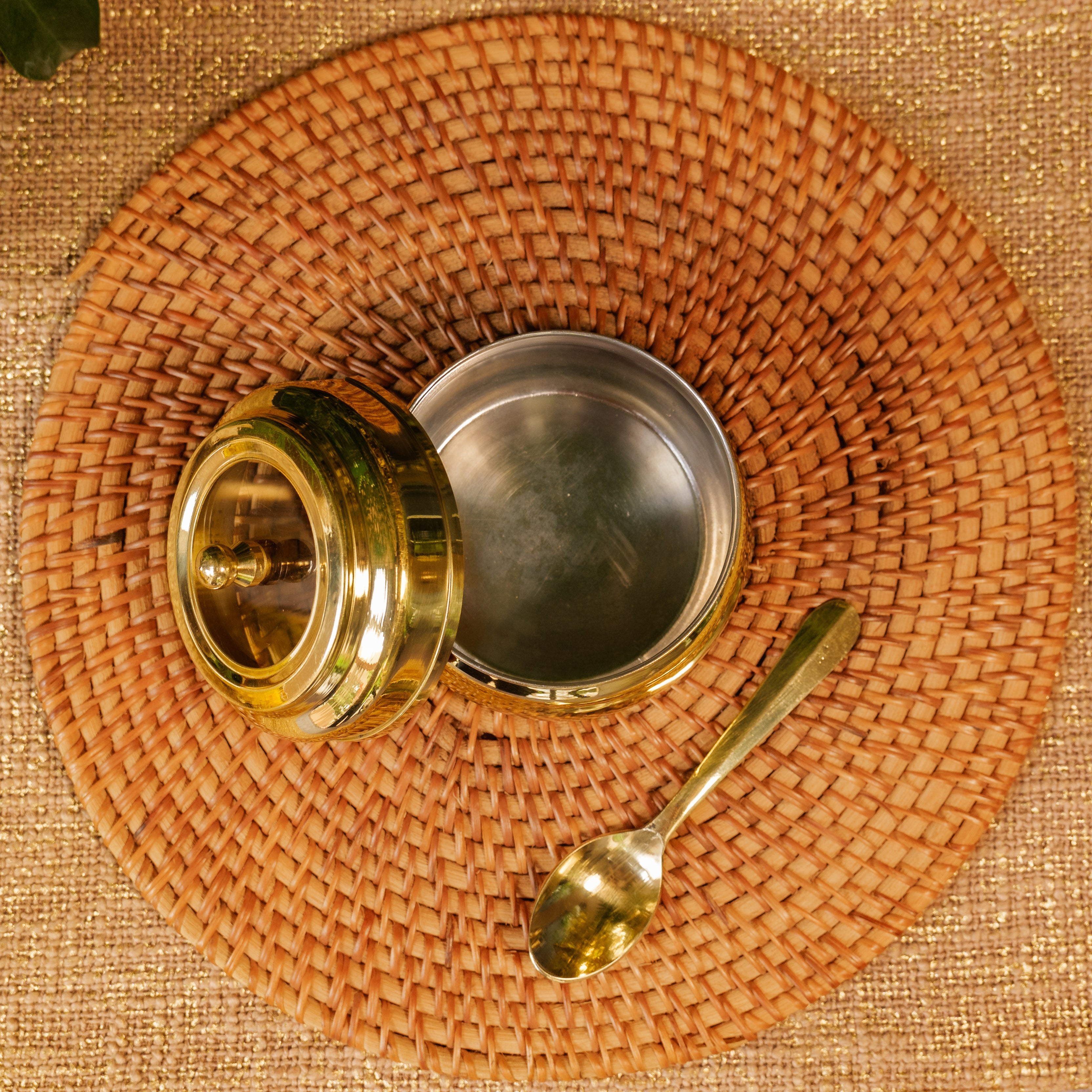 Pure Brass Ghee Pot With Spoon - Gold Finish / Transparent Top - With 'Kalai' Tin Coating