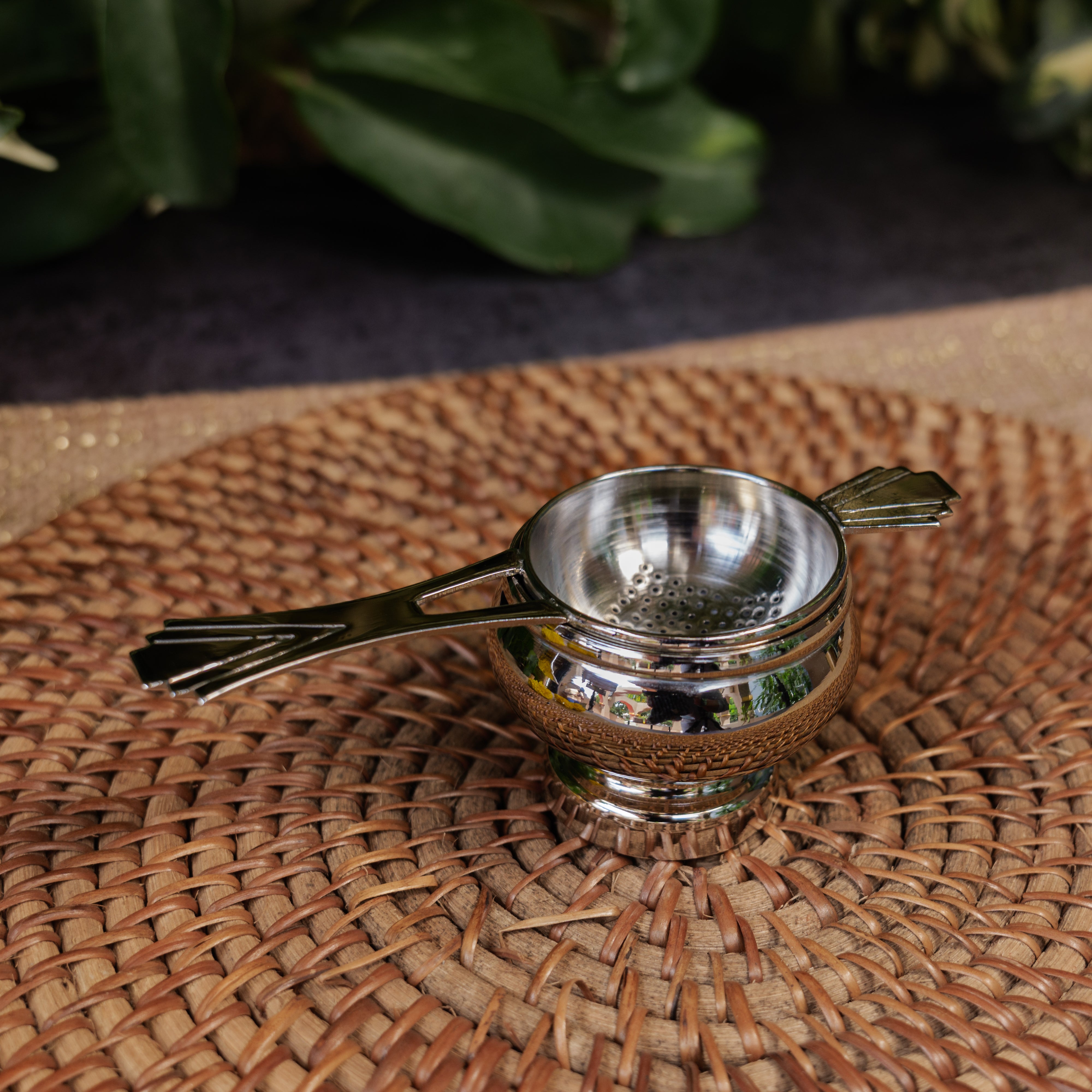 Victorian Era Brass Medium Sized Tea Strainer with Matte Finish and Resting Pot - Silver