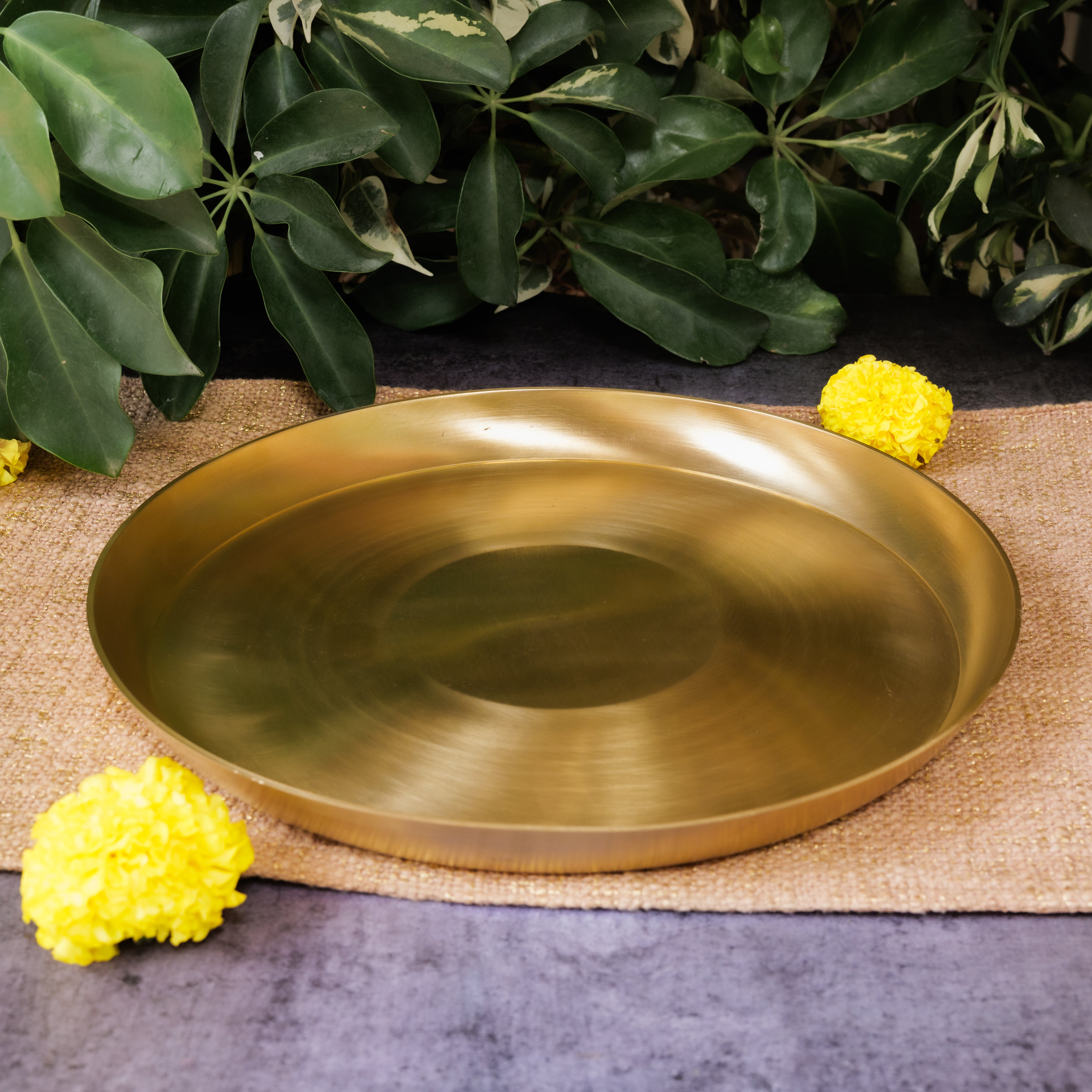 AMBI 100% Pure brass Regular Dining Plate / Thali / Pooja Plate - 12 inches 1kg Curved Edge