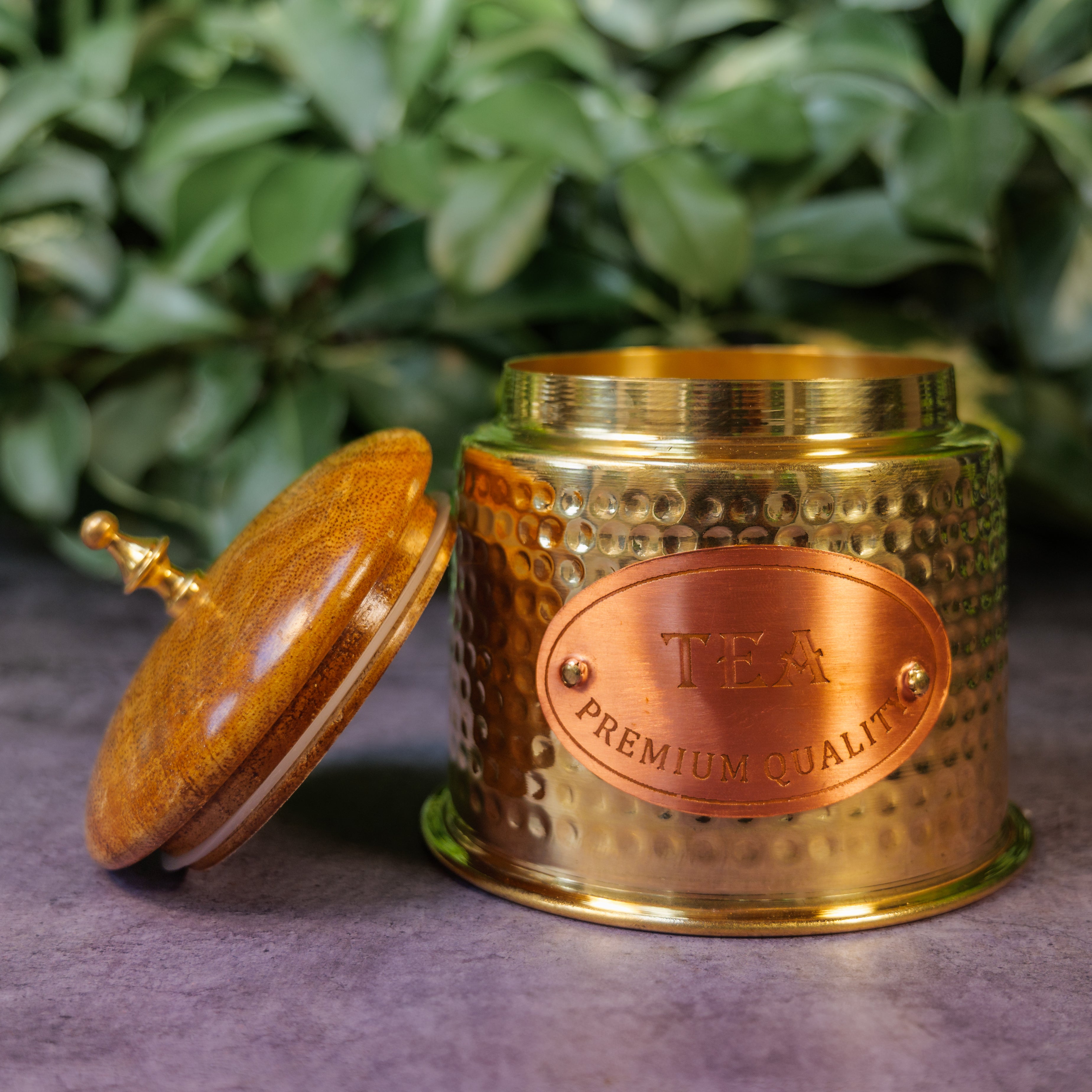 Tea Jar - Pure Brass Hammered Jar Storage container - Small - Wood Lid