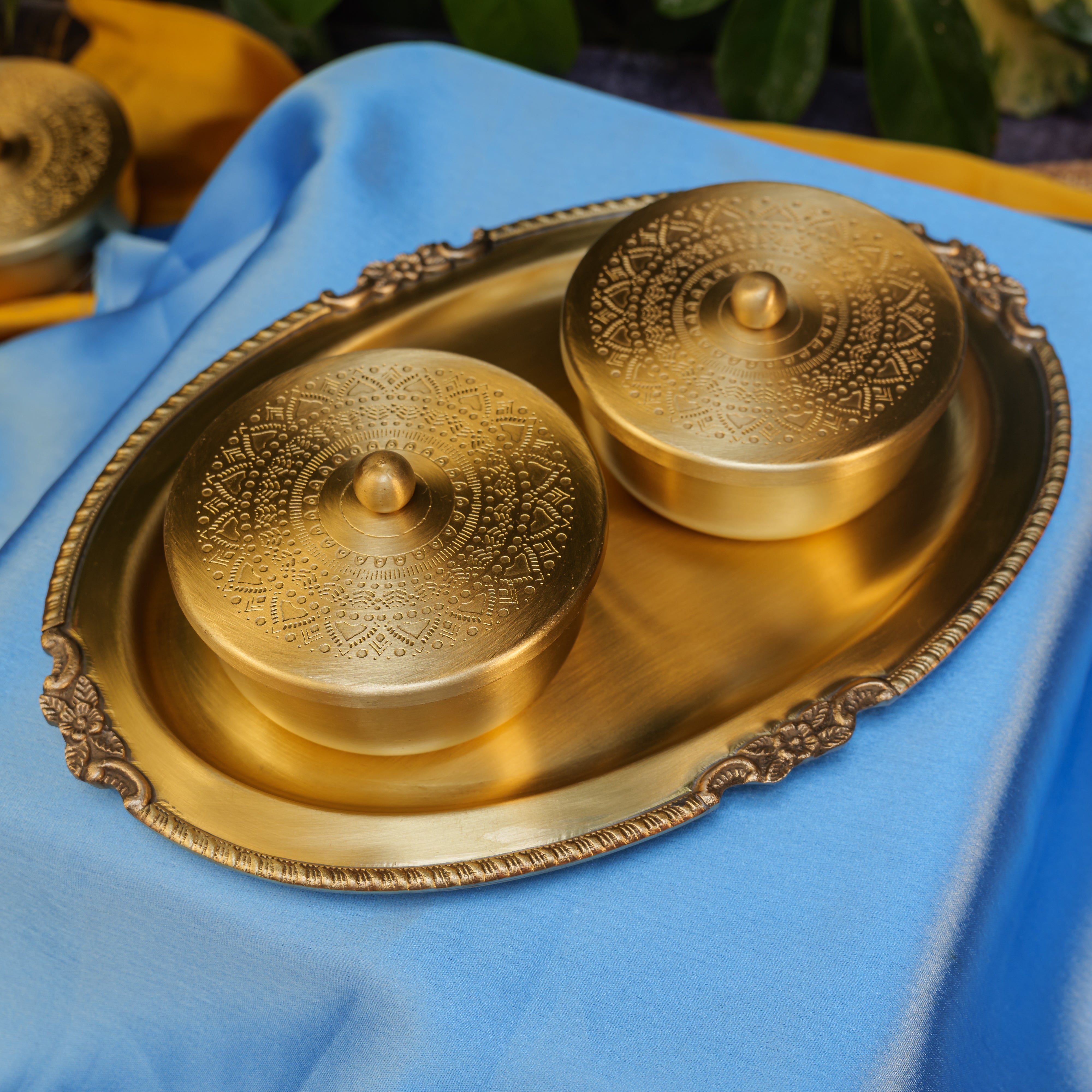 Ambi Pure Brass Inlay Spice / Nut Storage Boxes Serving Tray - 3 pcs set - Mandala Design