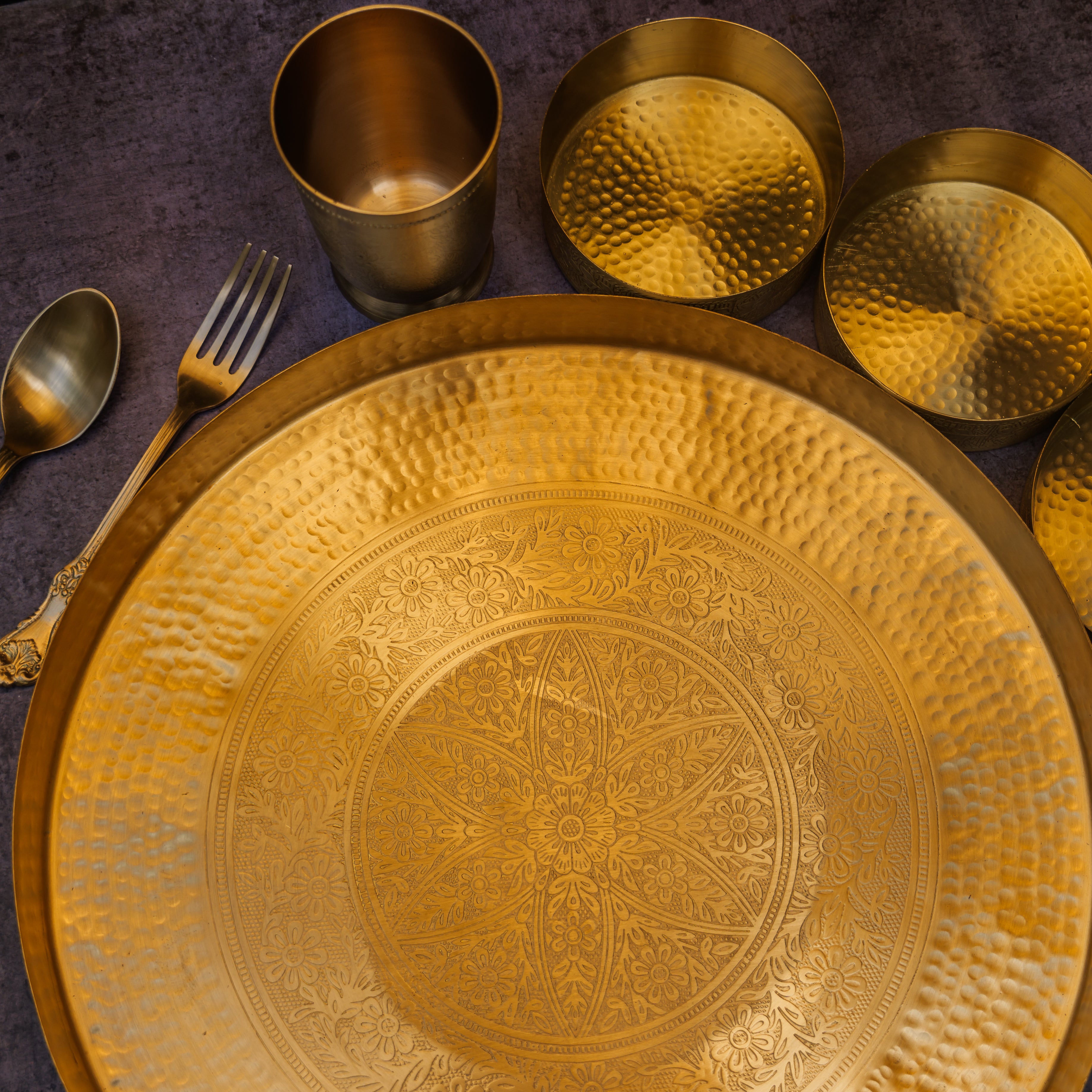 Ambi Pure Brass Inlay Design Exquisite Thali Set of 7