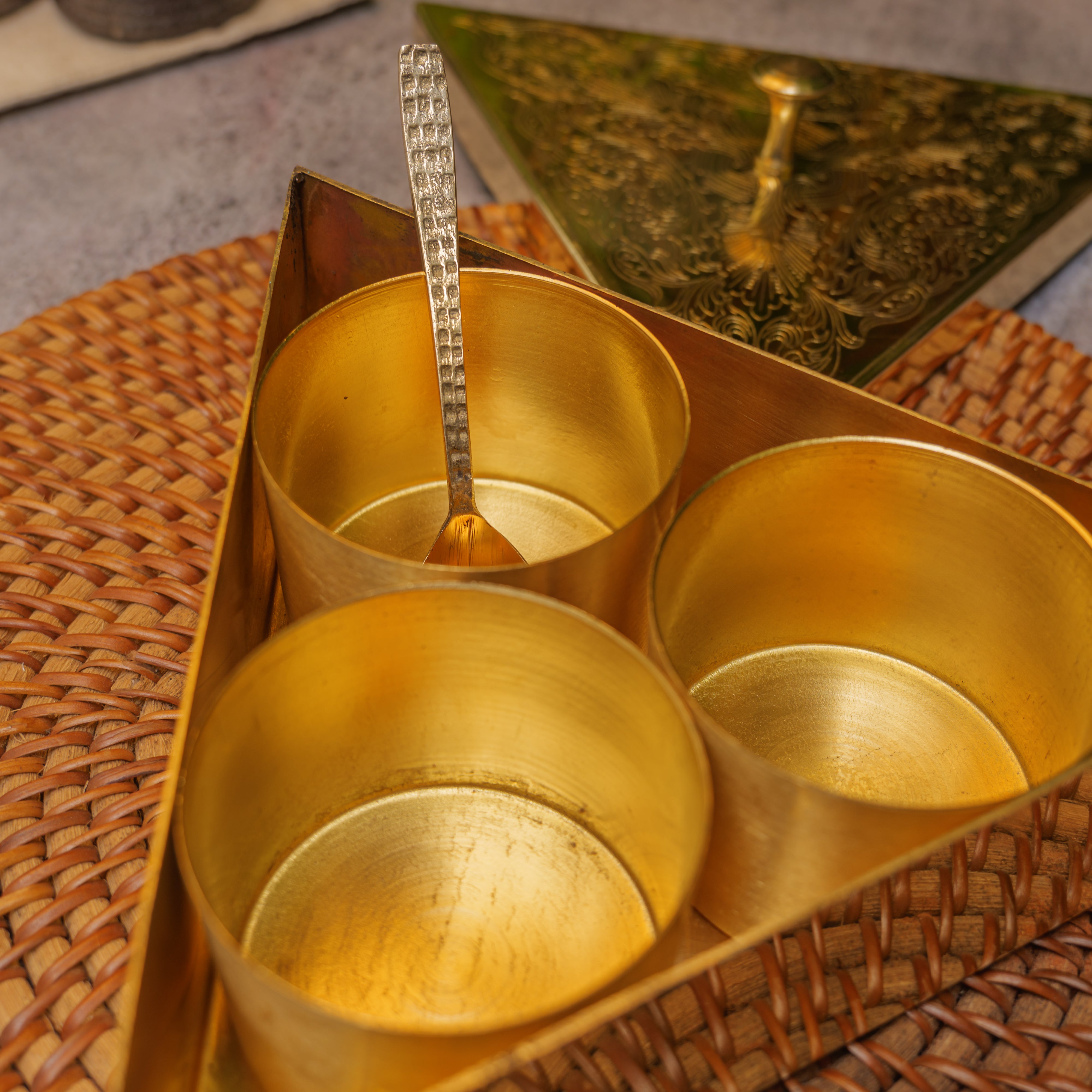 Ambi Pure Brass Finely Etched Triangle Spice Box