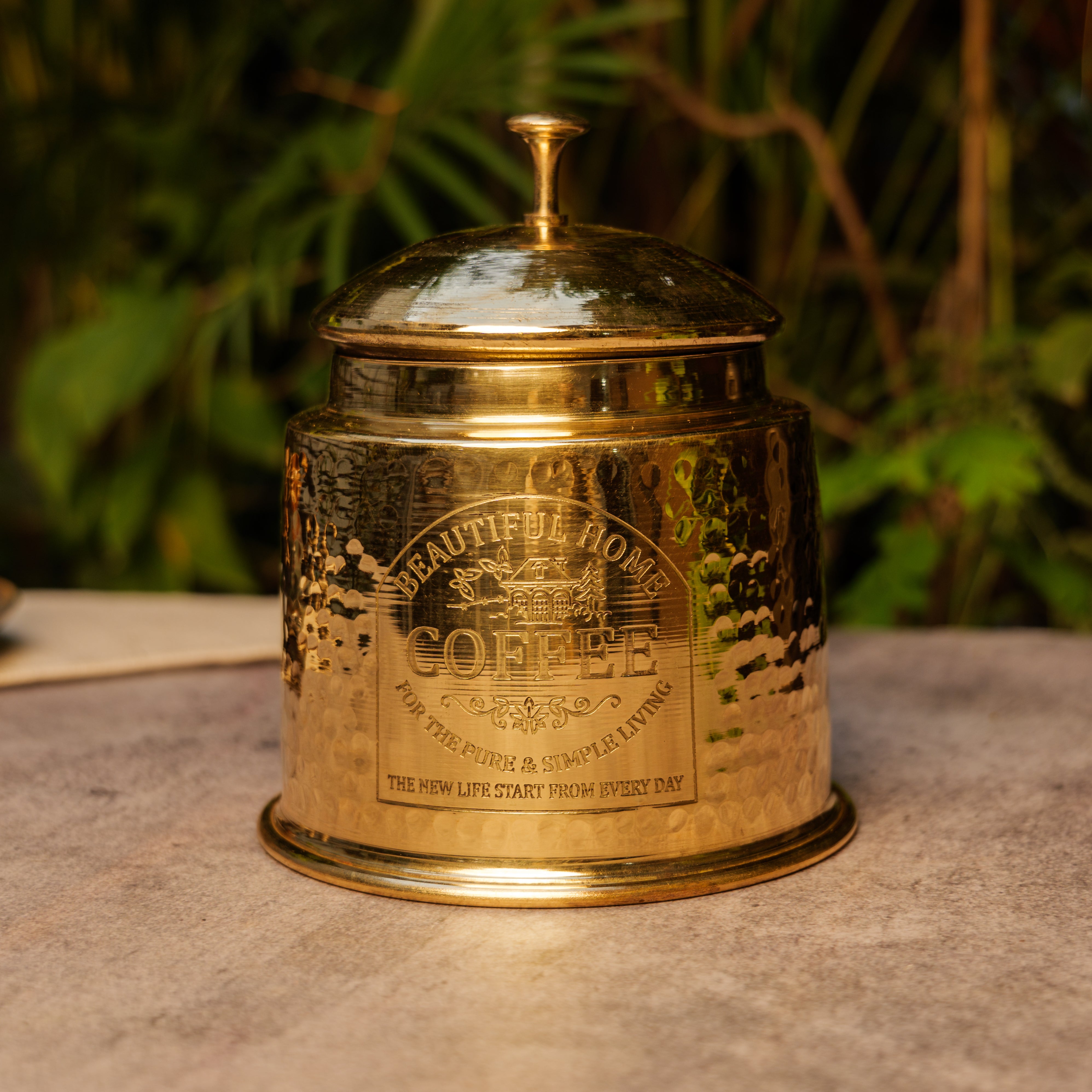 Pure Brass Hammered Coffee Jar Storage Box