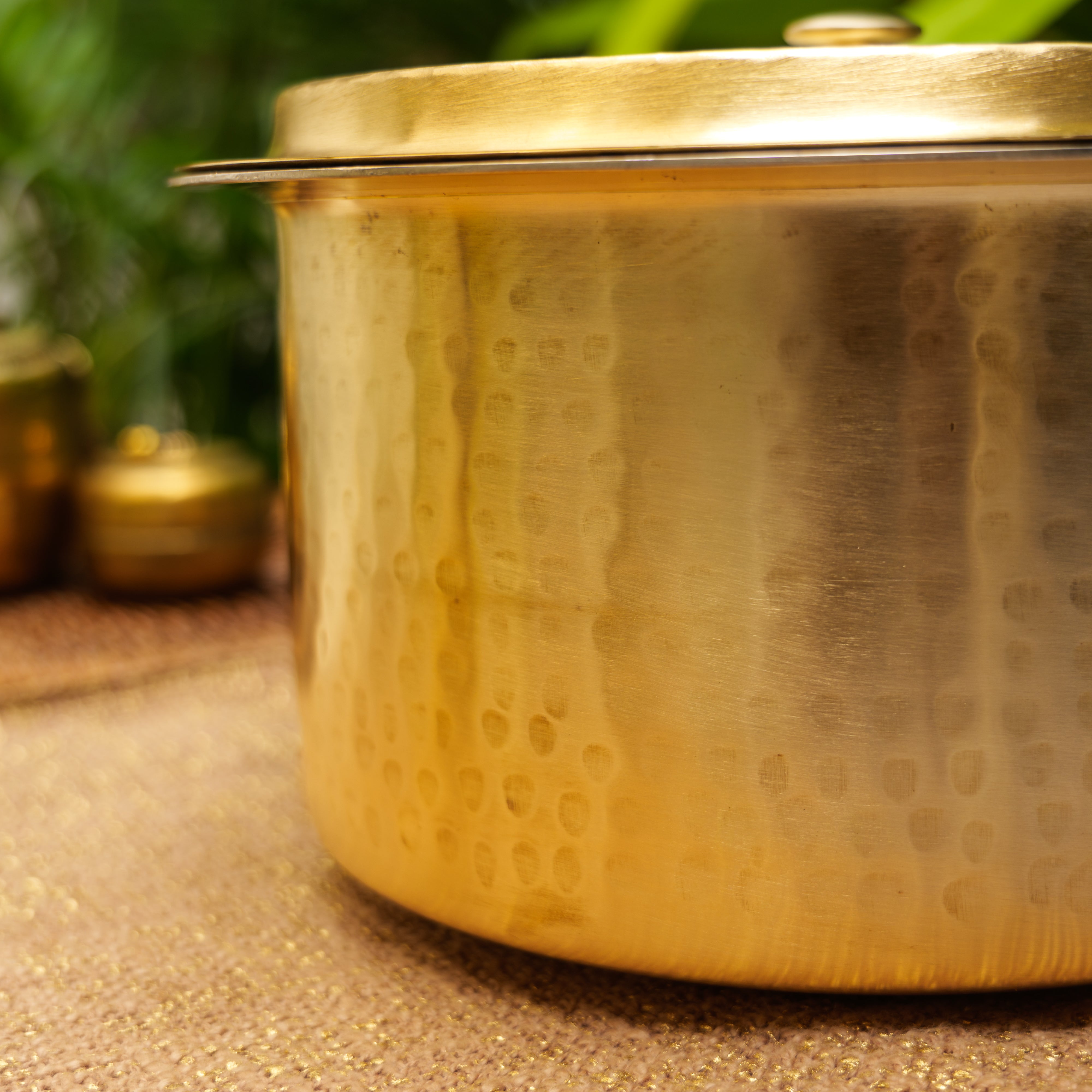 Beautiful Pure Brass Traditional Hammered Patila (with Kalai Tin Coating) and Lid- 5 Lts