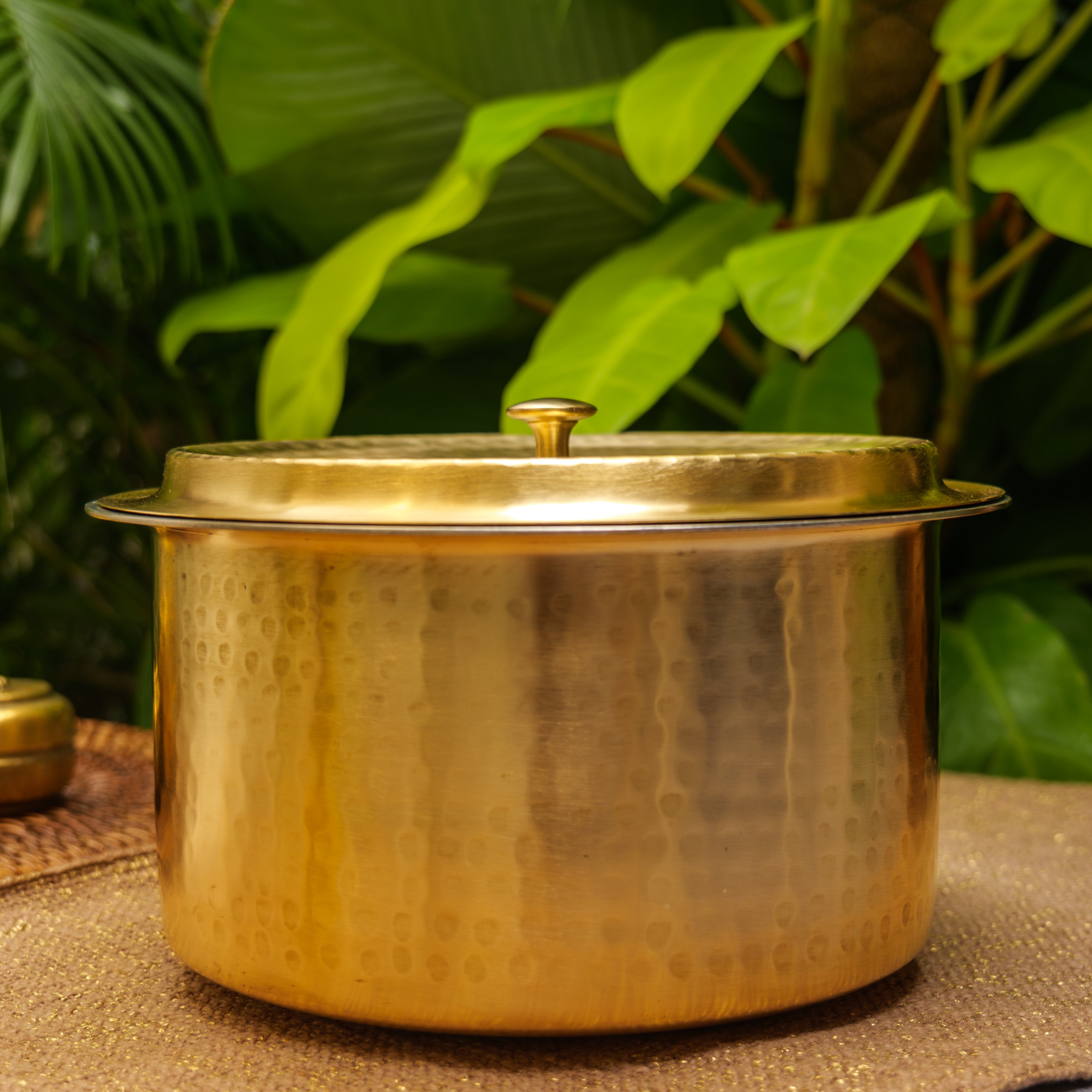 Beautiful Pure Brass Traditional Hammered Patila (with Kalai Tin Coating) and Lid- 5 Lts