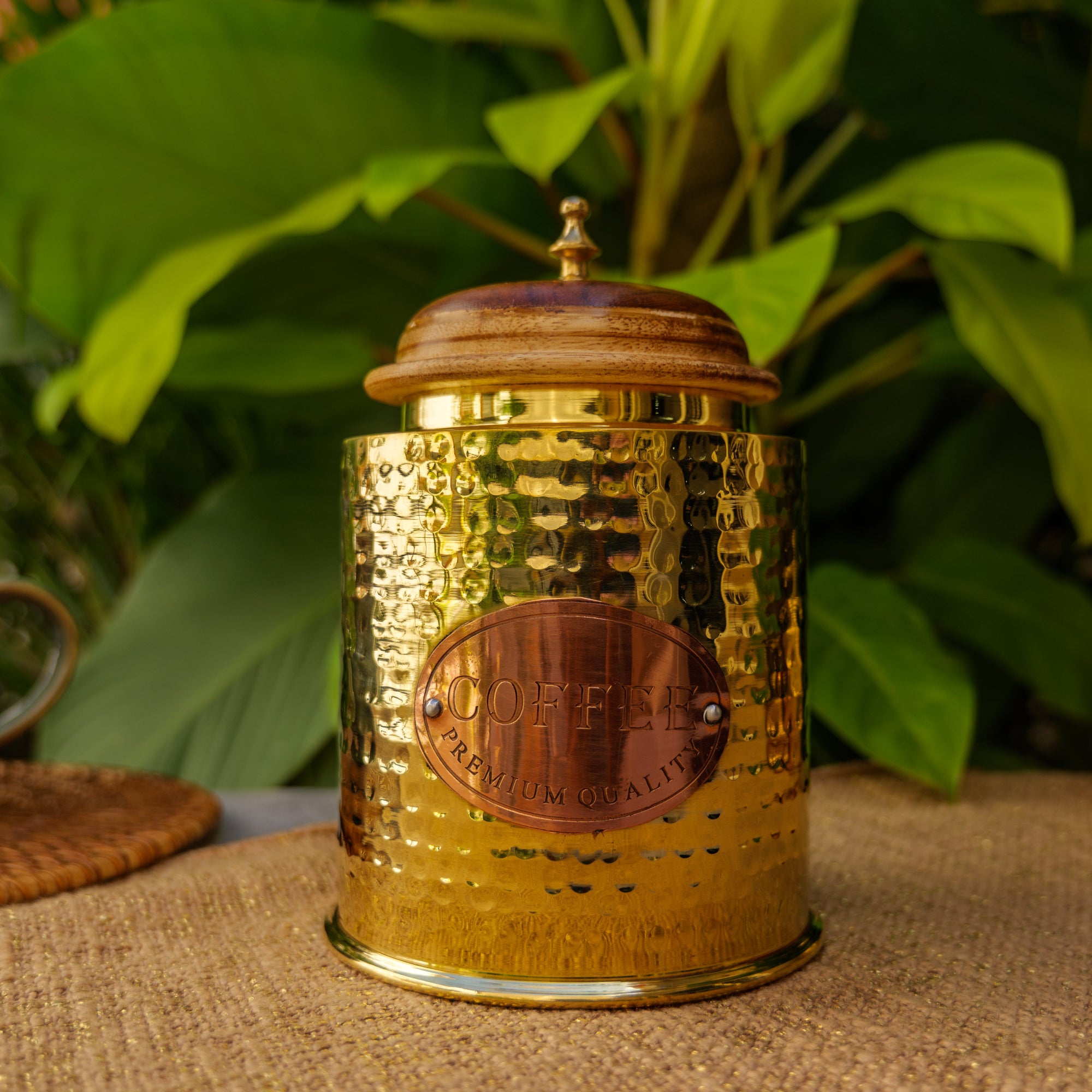 Coffee Jar - Pure Brass Hammered Jar Storage Container - Large - Wood Lid