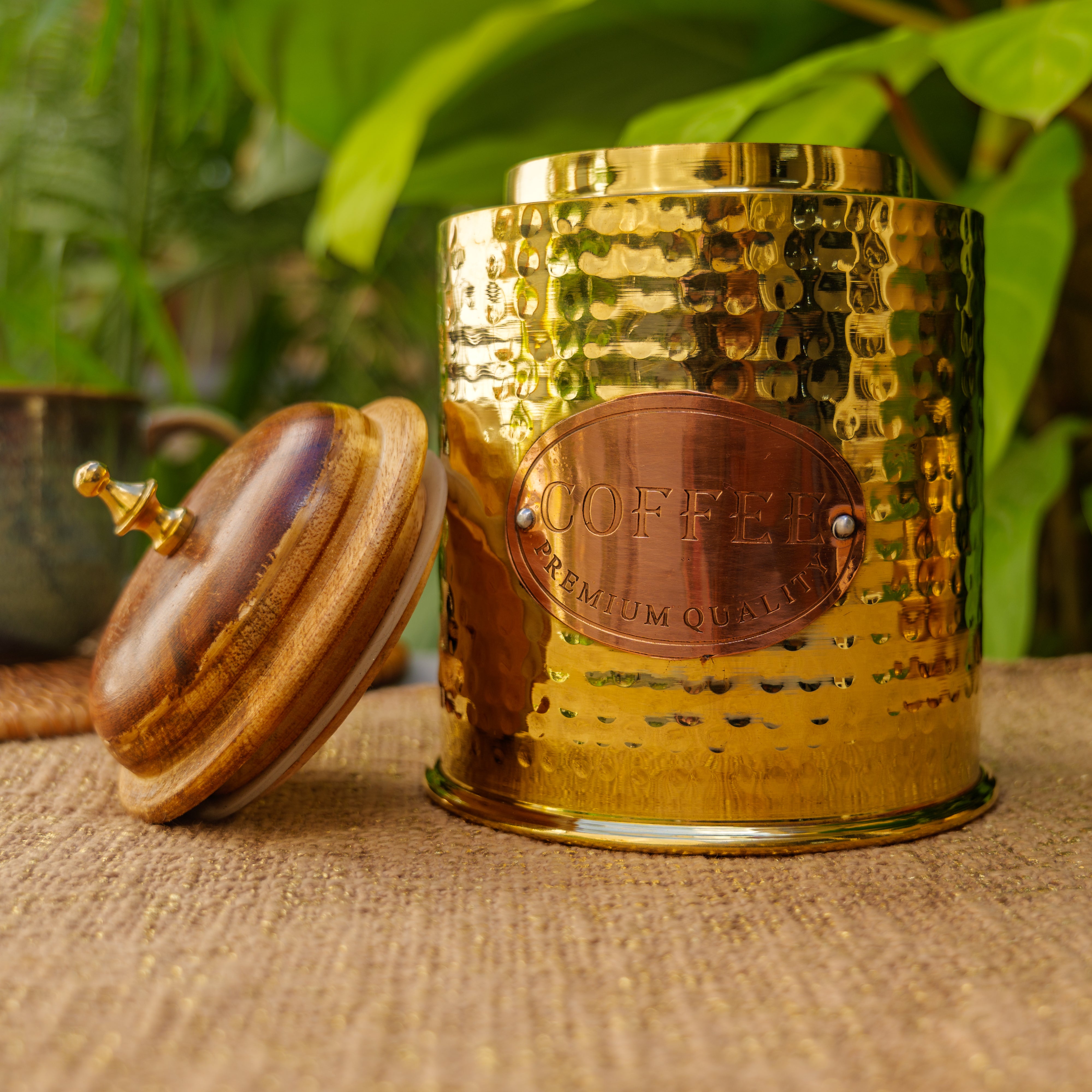 Coffee Jar - Pure Brass Hammered Jar Storage container - Small - Wood Lid