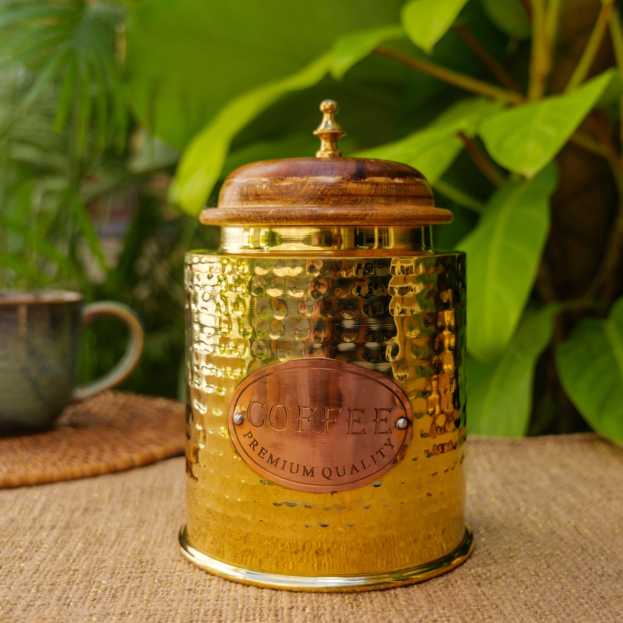 Coffee Jar - Pure Brass Hammered Jar Storage Container - Large - Wood Lid