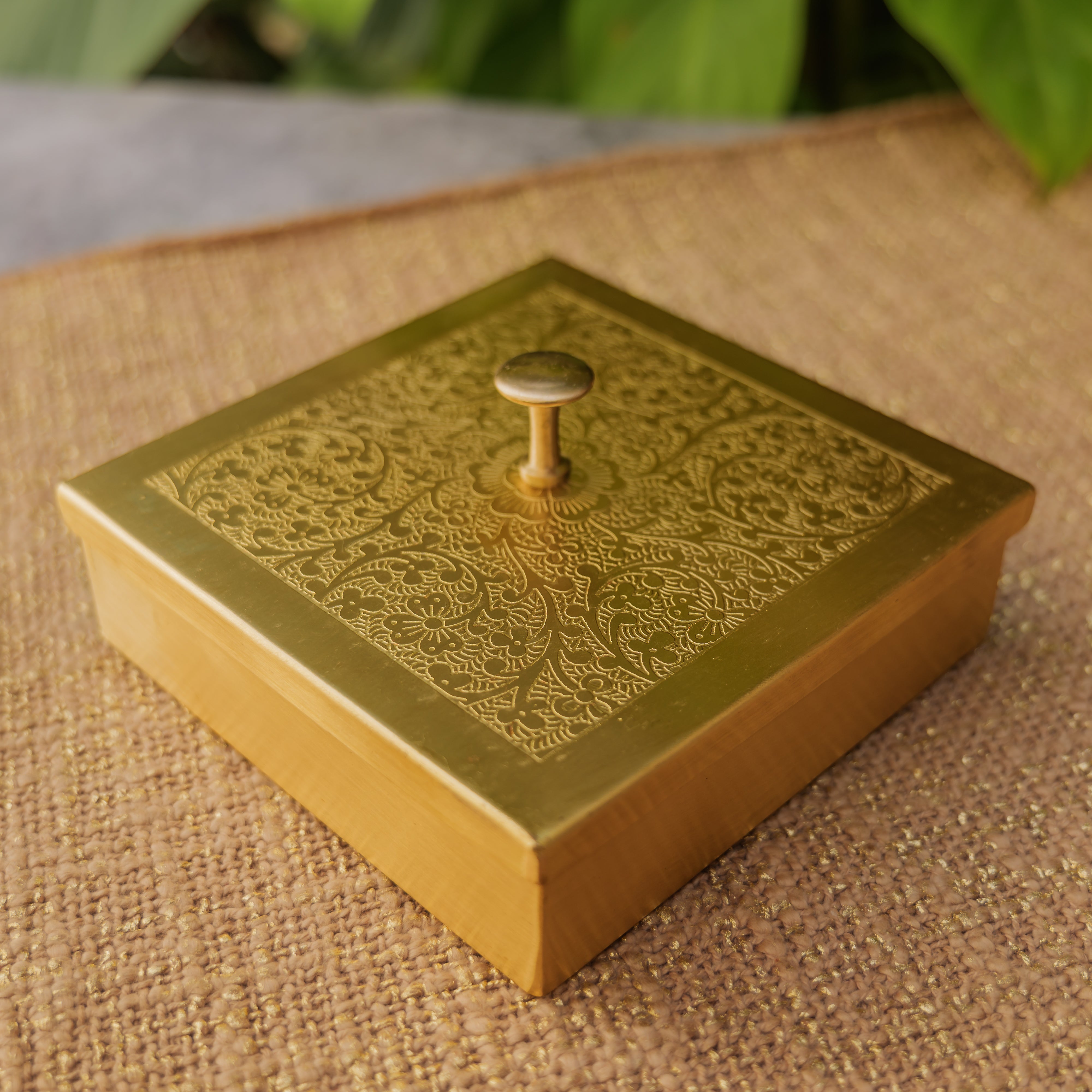 Ambi Pure Brass Finely Etched Mini Square Spice / Mukhwaas Box - 4 containers