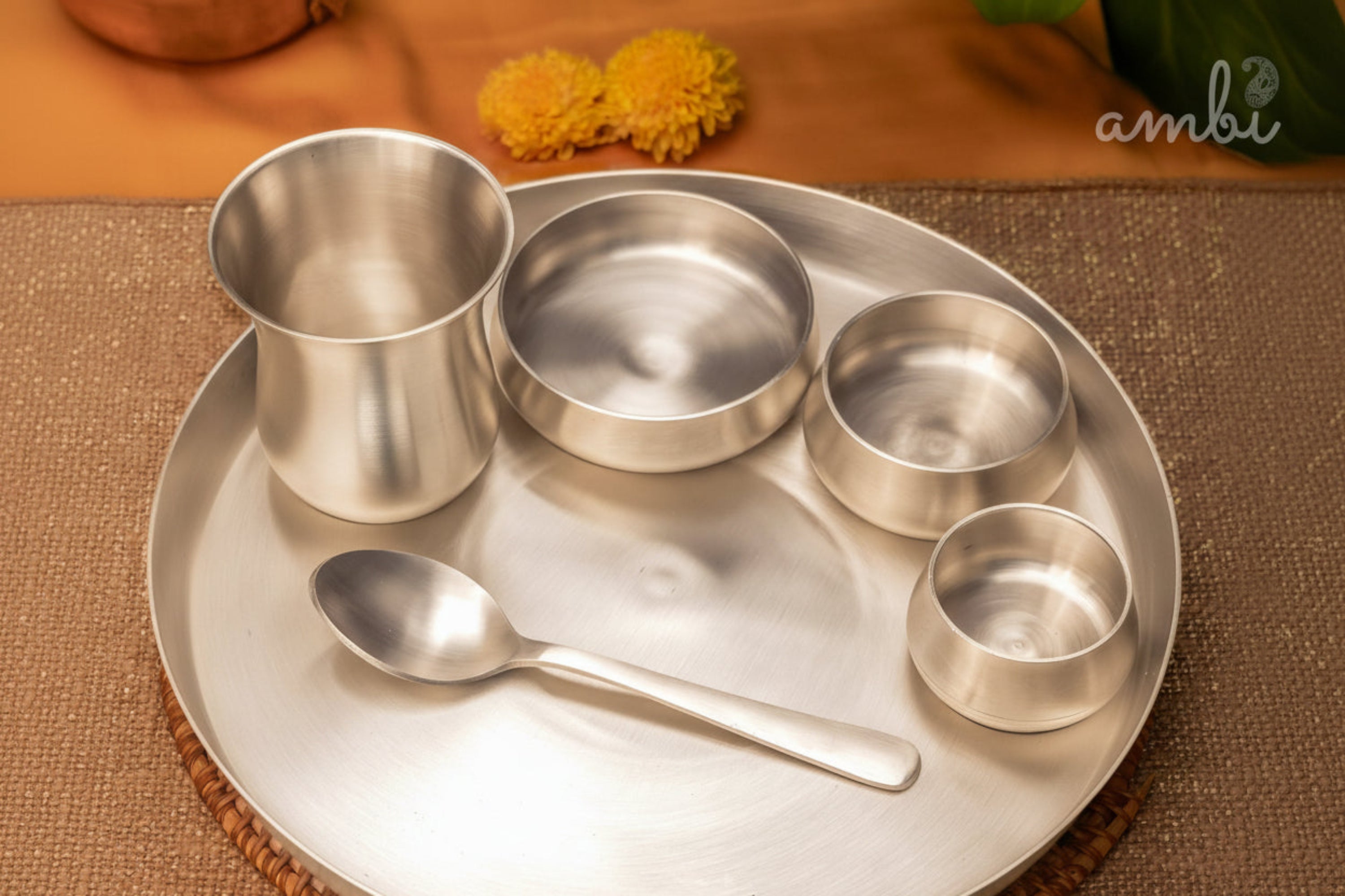 AMBI’S Pure BIS Silver Plated Brass Thali with Pure Silver Finish - Set of 6