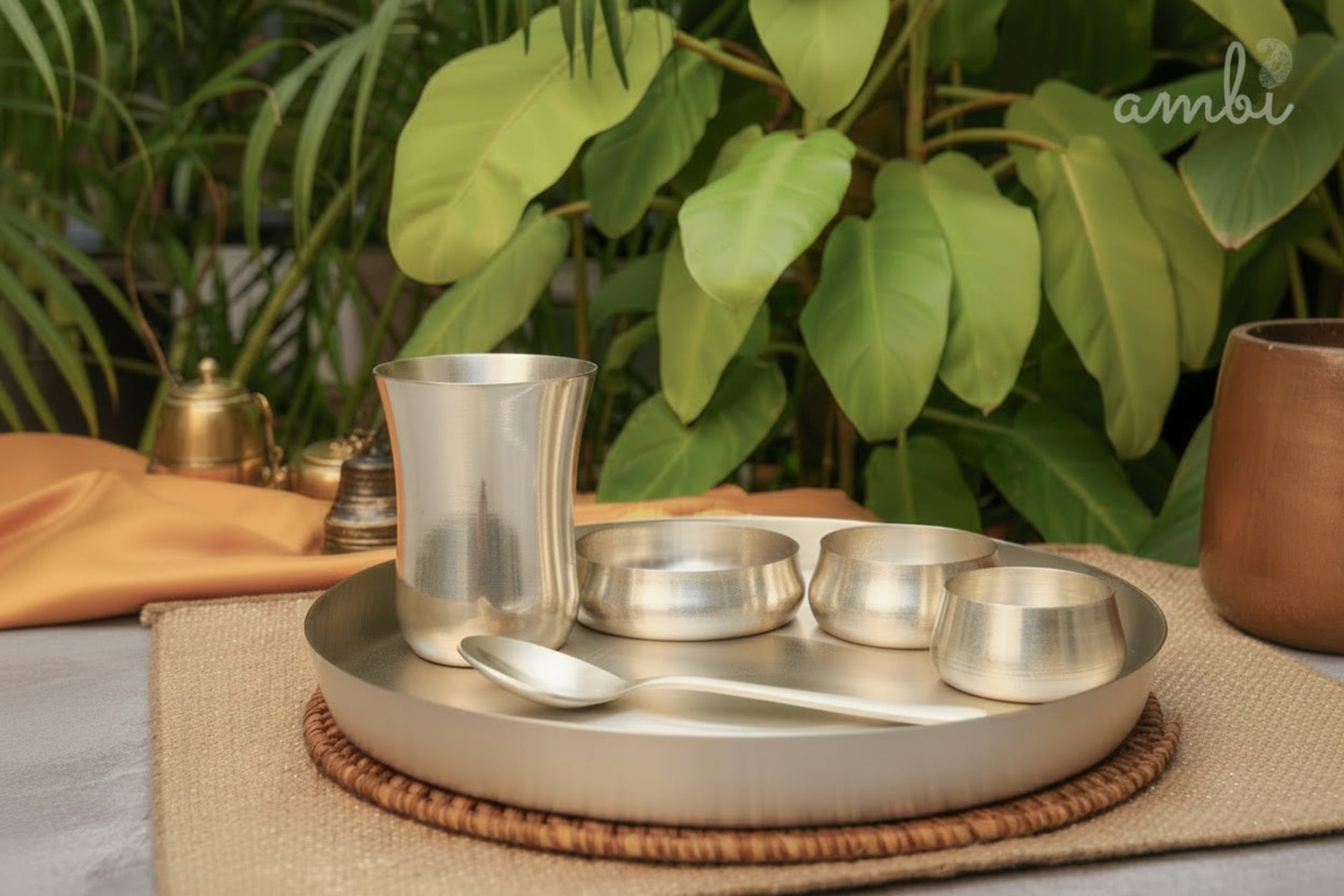 AMBI’S Pure BIS Silver Plated Brass Thali with Pure Silver Finish - Set of 6
