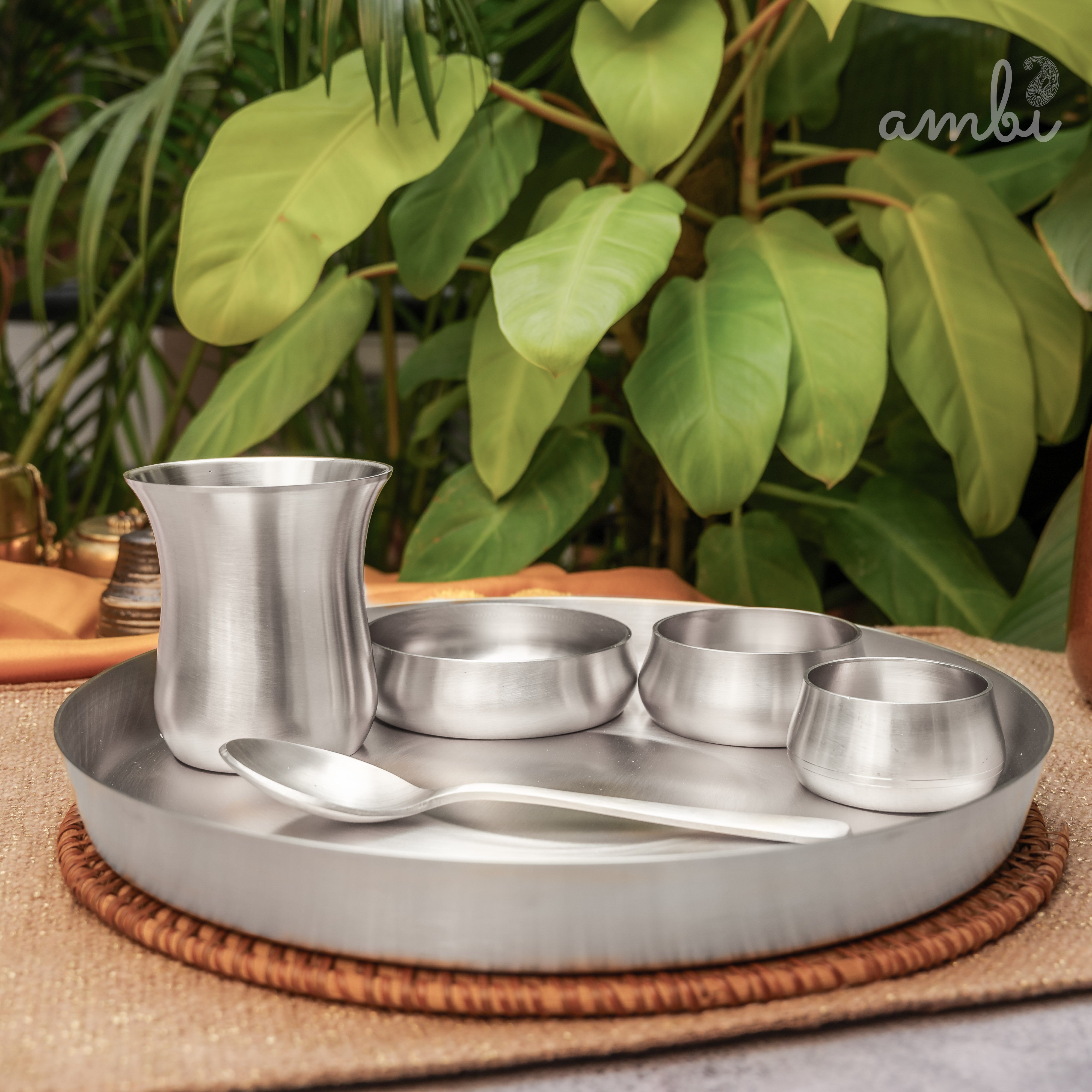 AMBI’S Pure BIS Silver Plated Brass Thali with Pure Silver Finish - Set of 6