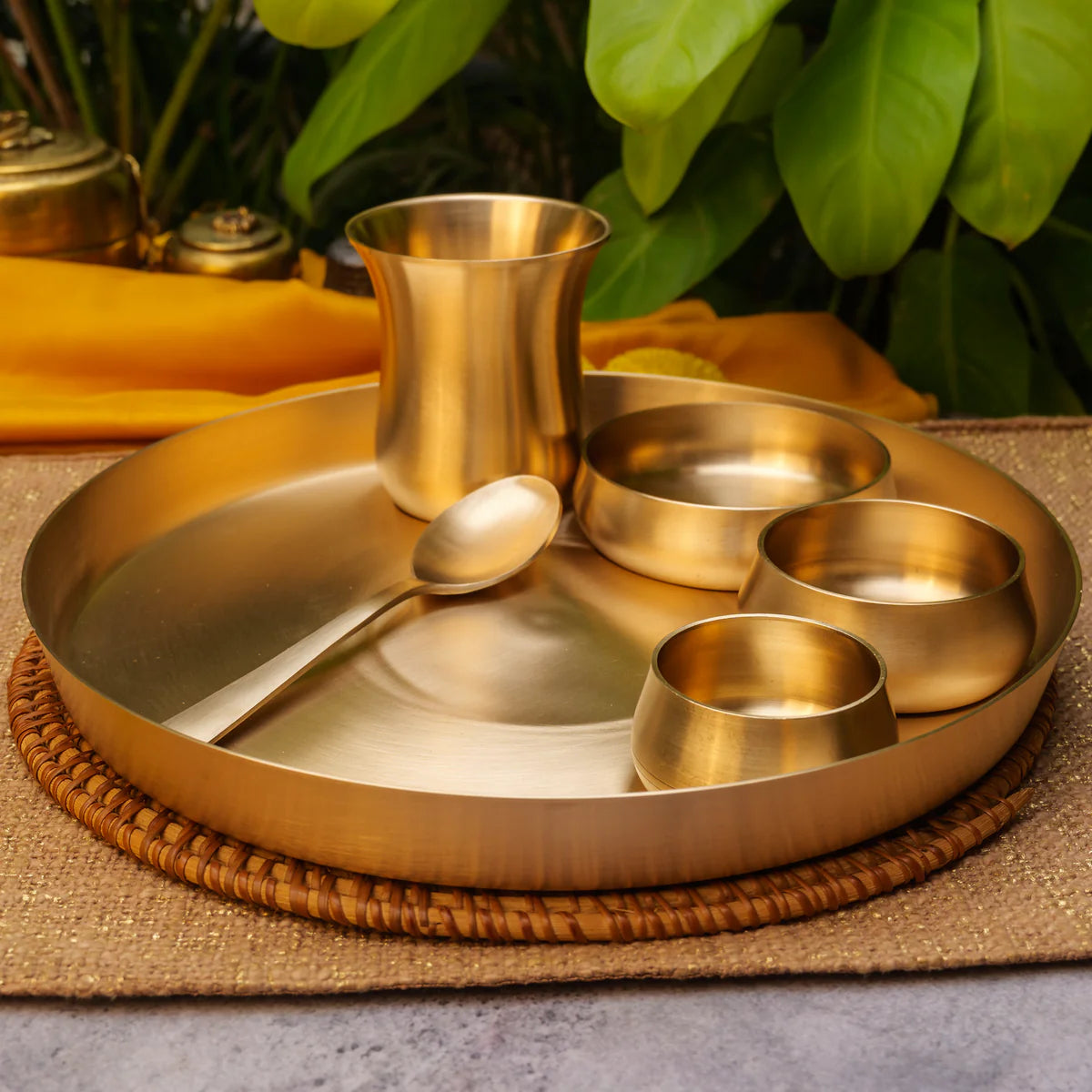 Ambi Pure 100% Lead Free Kansa Curved Thali Set Gift Box - Set of 6 pieces - Matt Finish Heavy Masterpiece