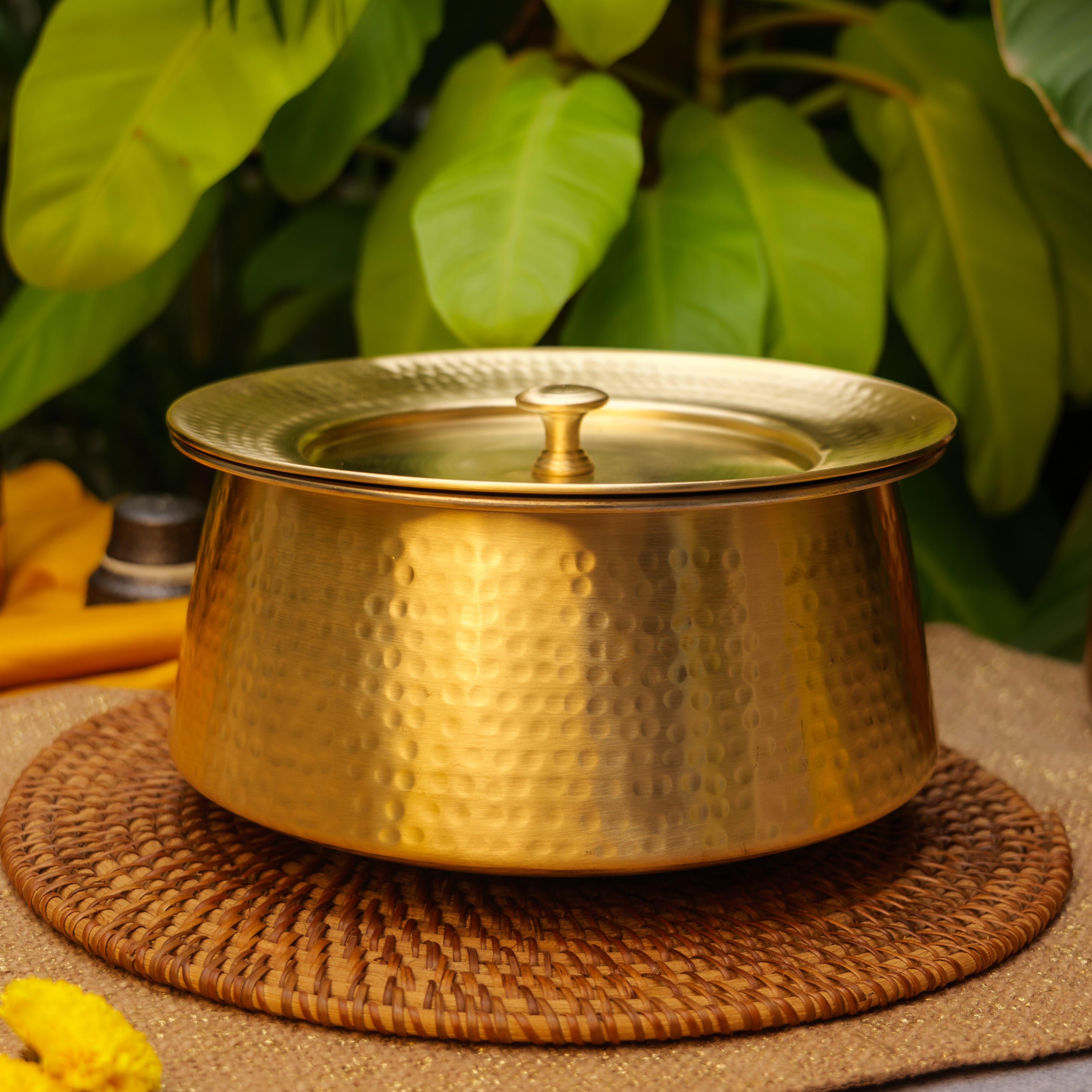 Ambi  Handcrafted Pure Brass Hammered Serving Bowl Handi with Lid Large