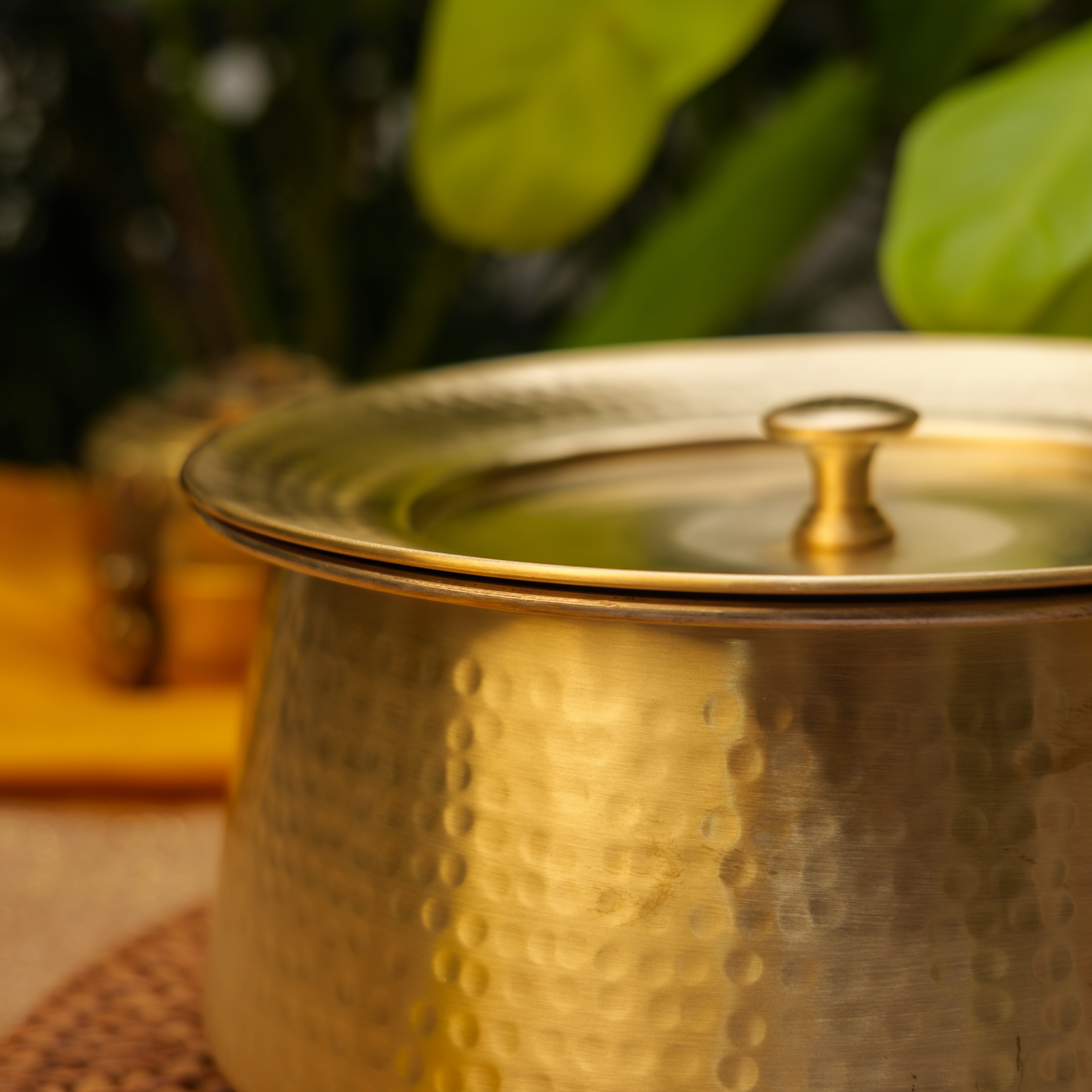 Ambi  Handcrafted Pure Brass Hammered Serving Bowl Handi with Lid Large