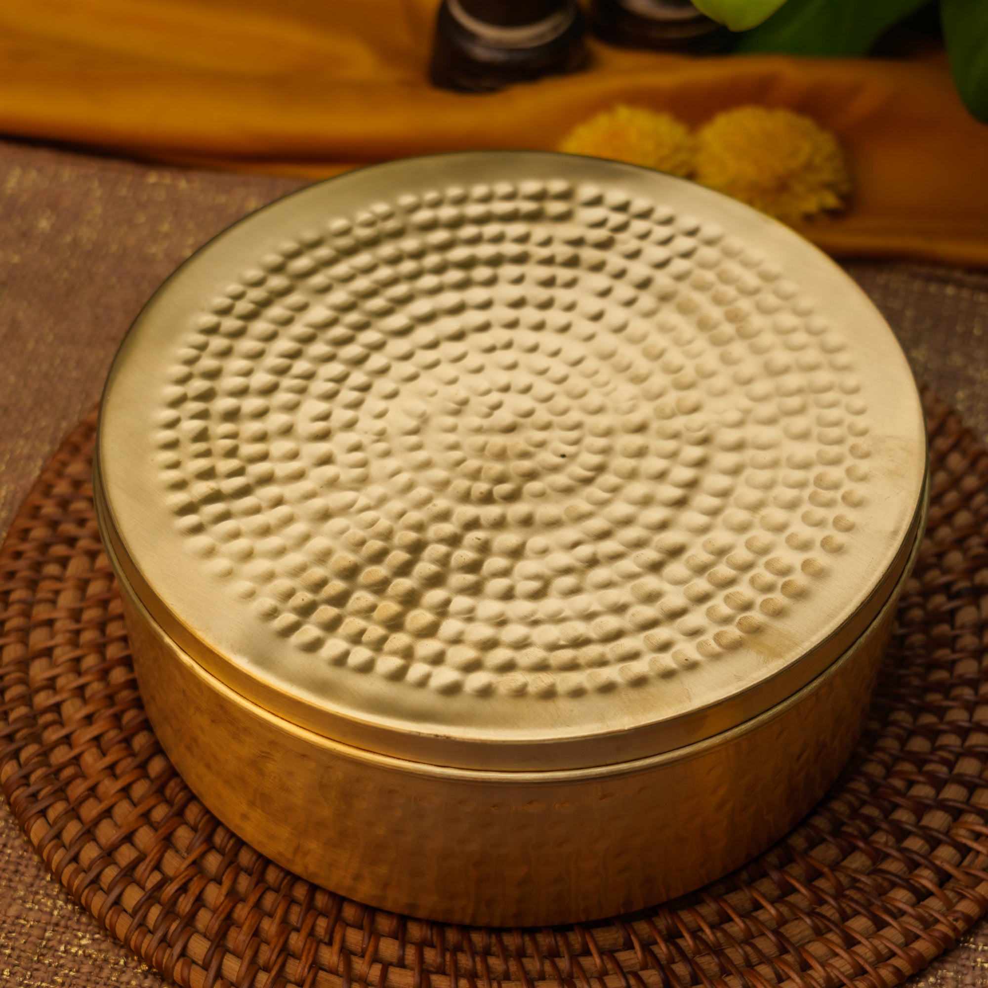 Ambi Pure Brass Elegant Hammered Round Storage Box / Roti Box