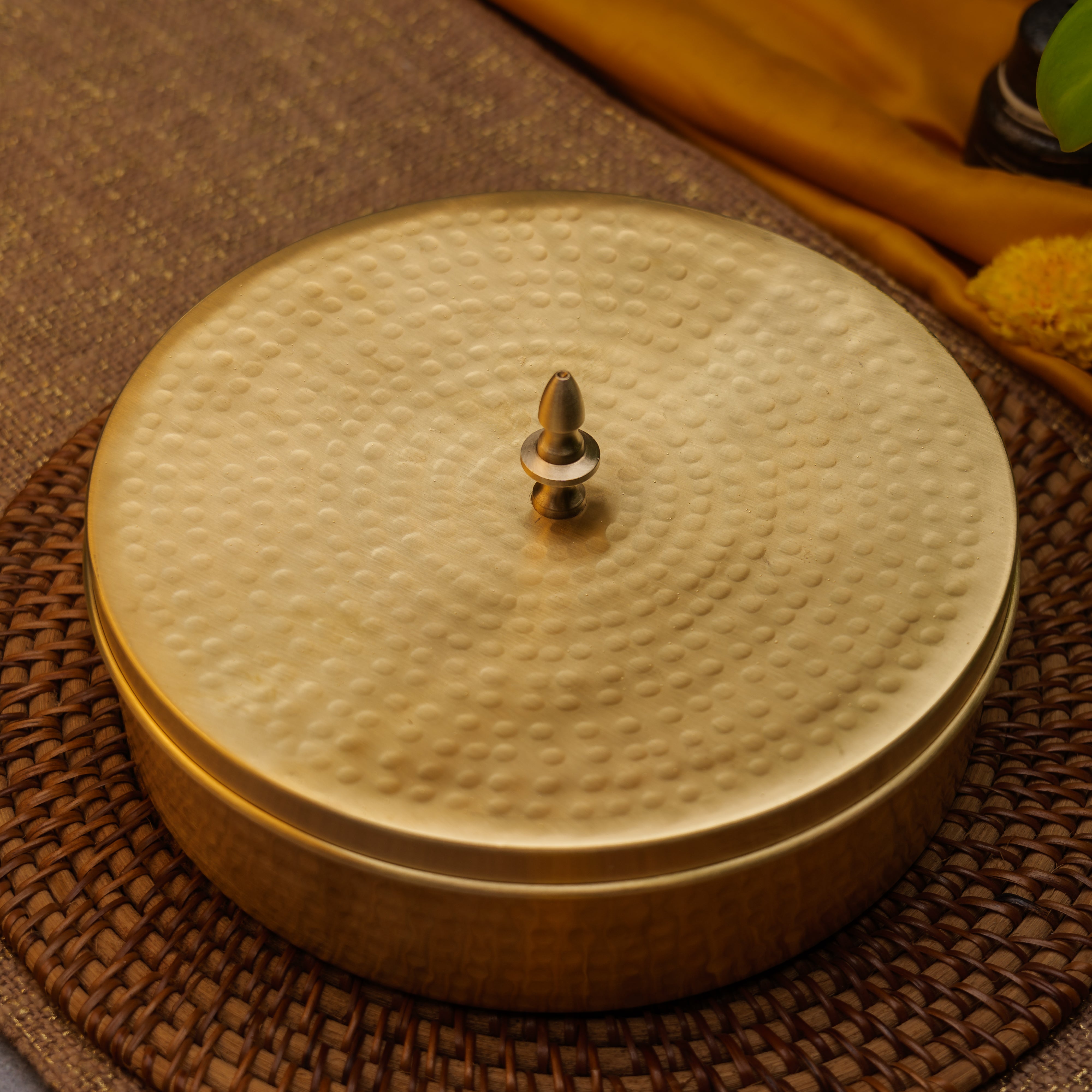 Ambi Classy Pure Brass Hammered Round Spice Box Masala Daani with 7 Spice Containers - Inlay Work