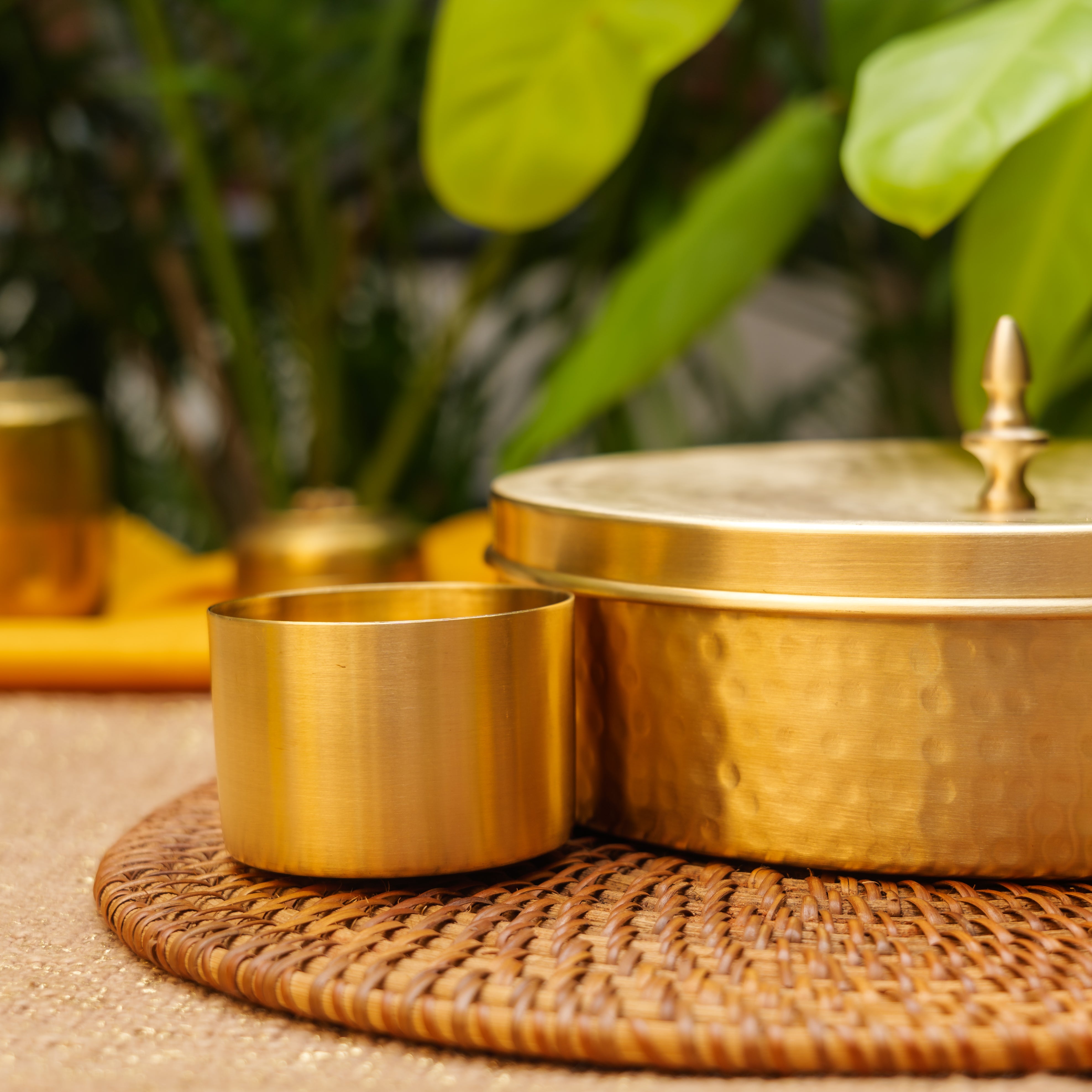 Ambi Classy Pure Brass Hammered Round Spice Box Masala Daani with 7 Spice Containers - Inlay Work