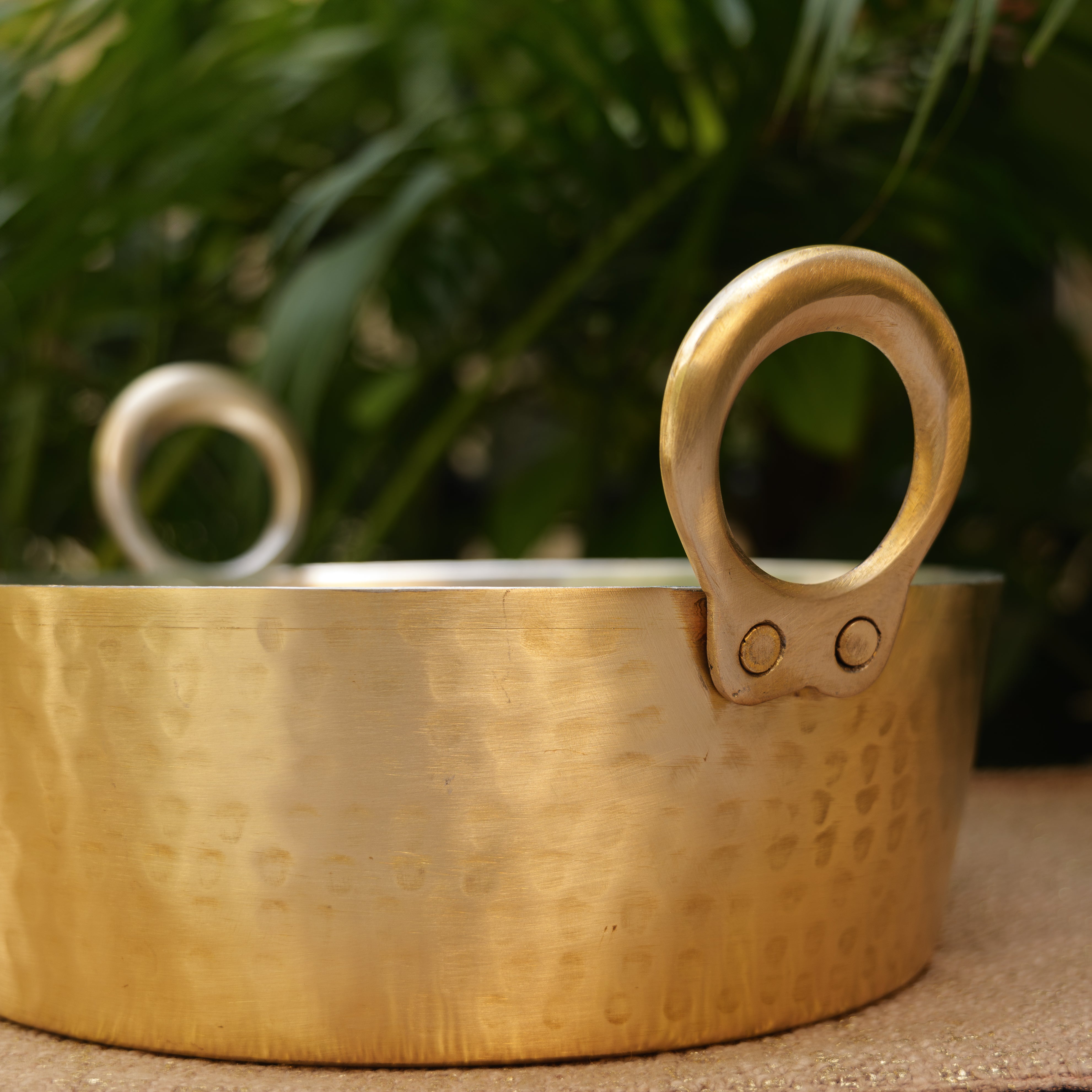 Pure Brass Traditional Hammered Kadhai / Kadai - Flat Base - with 'Kalai' Coating - 10 inches Diameter