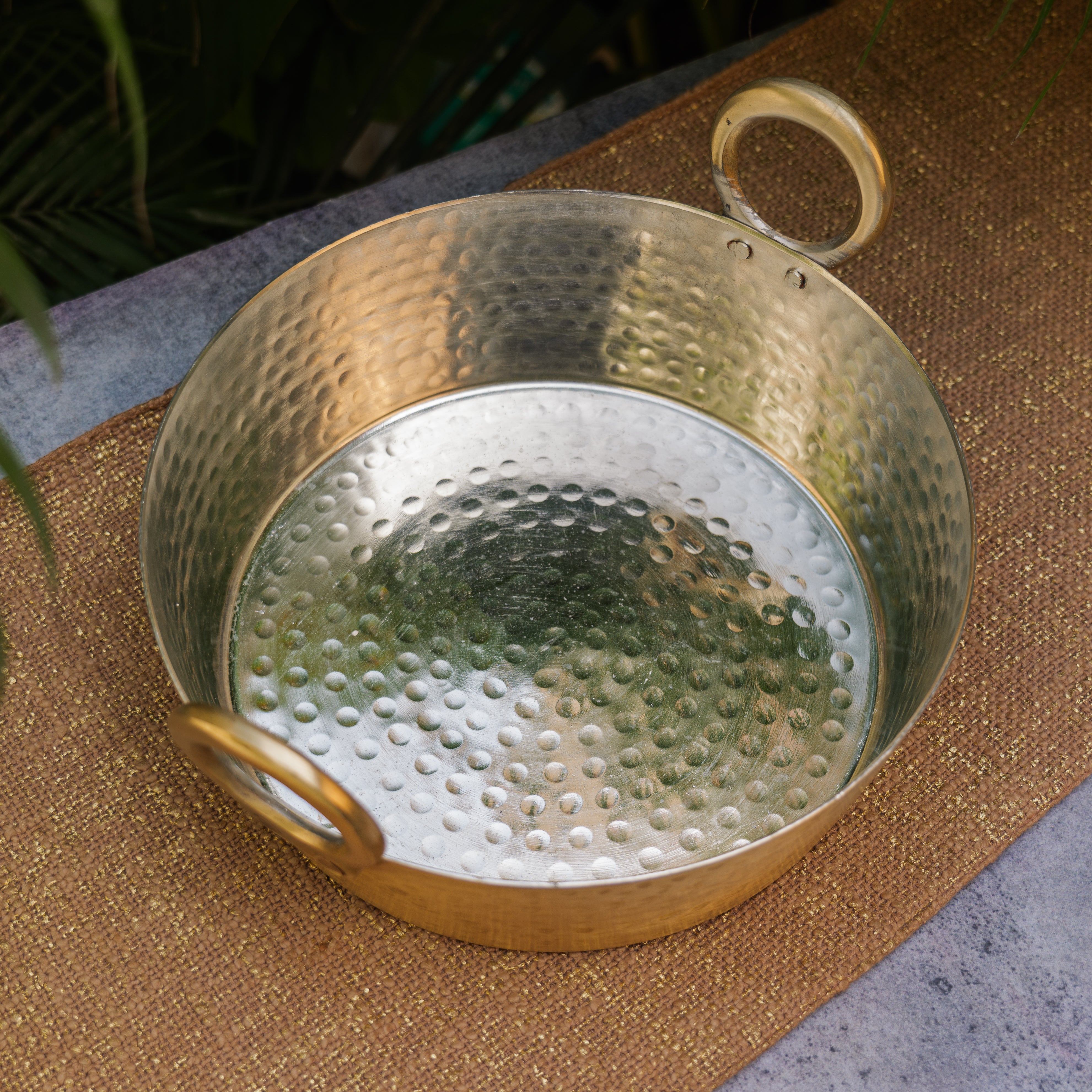 Pure Brass Traditional Hammered Kadhai / Kadai - Flat Base - with 'Kalai' Coating - 10 inches Diameter