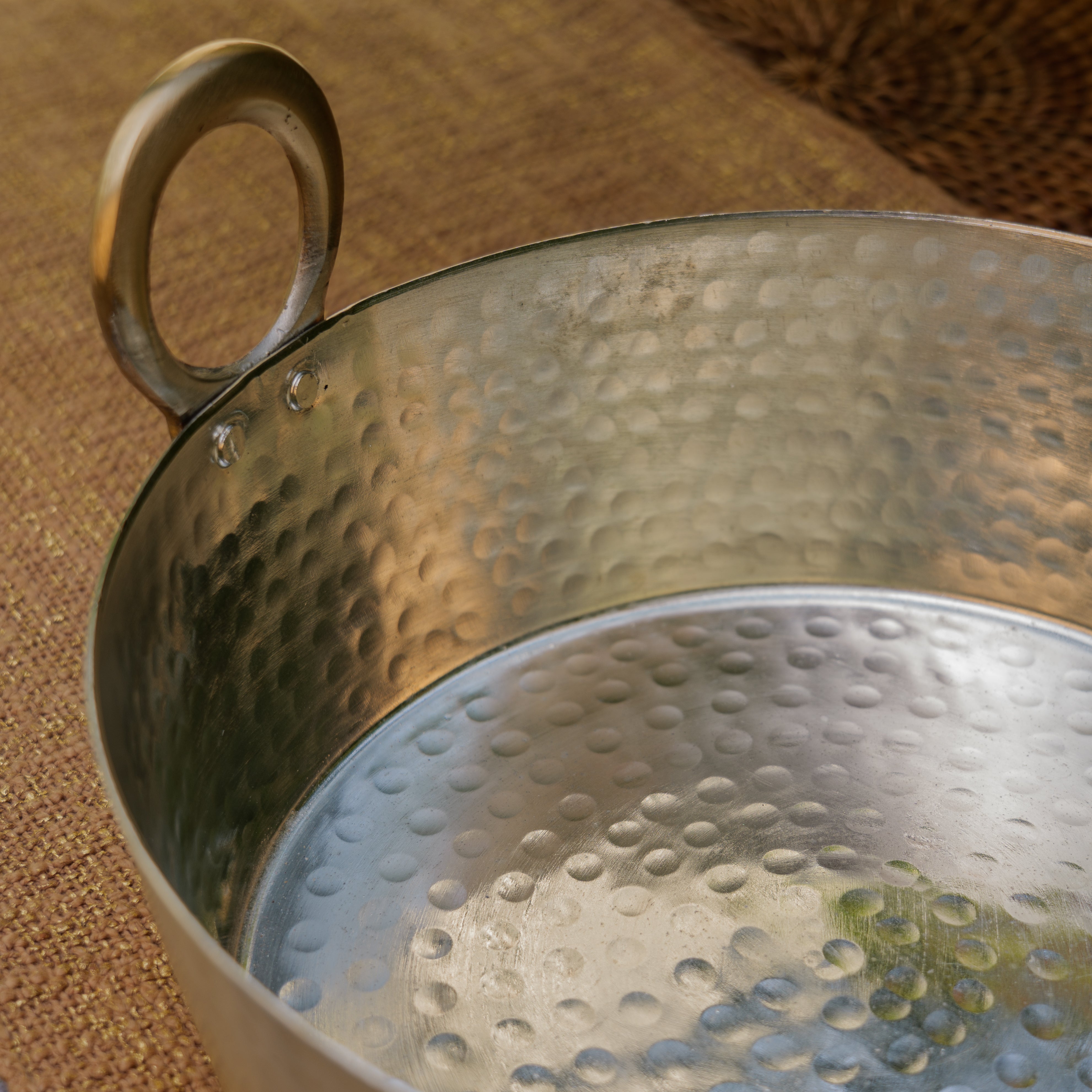 Pure Brass Traditional Hammered Kadhai / Kadai - Flat Base - with 'Kalai' Coating - 10 inches Diameter