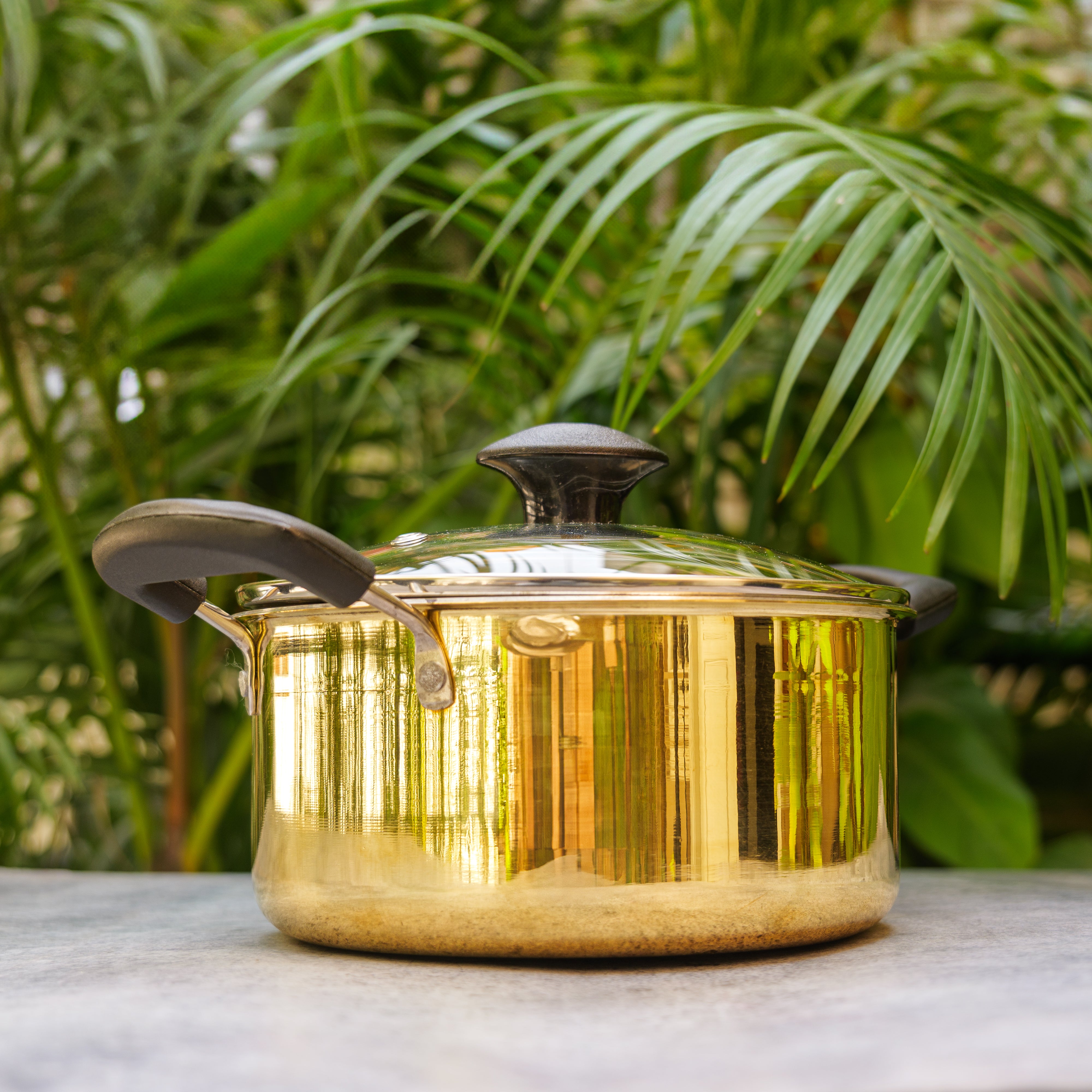 Pure Brass Cook and Serve Patila / Serveware with Glass Top - 3 Litres