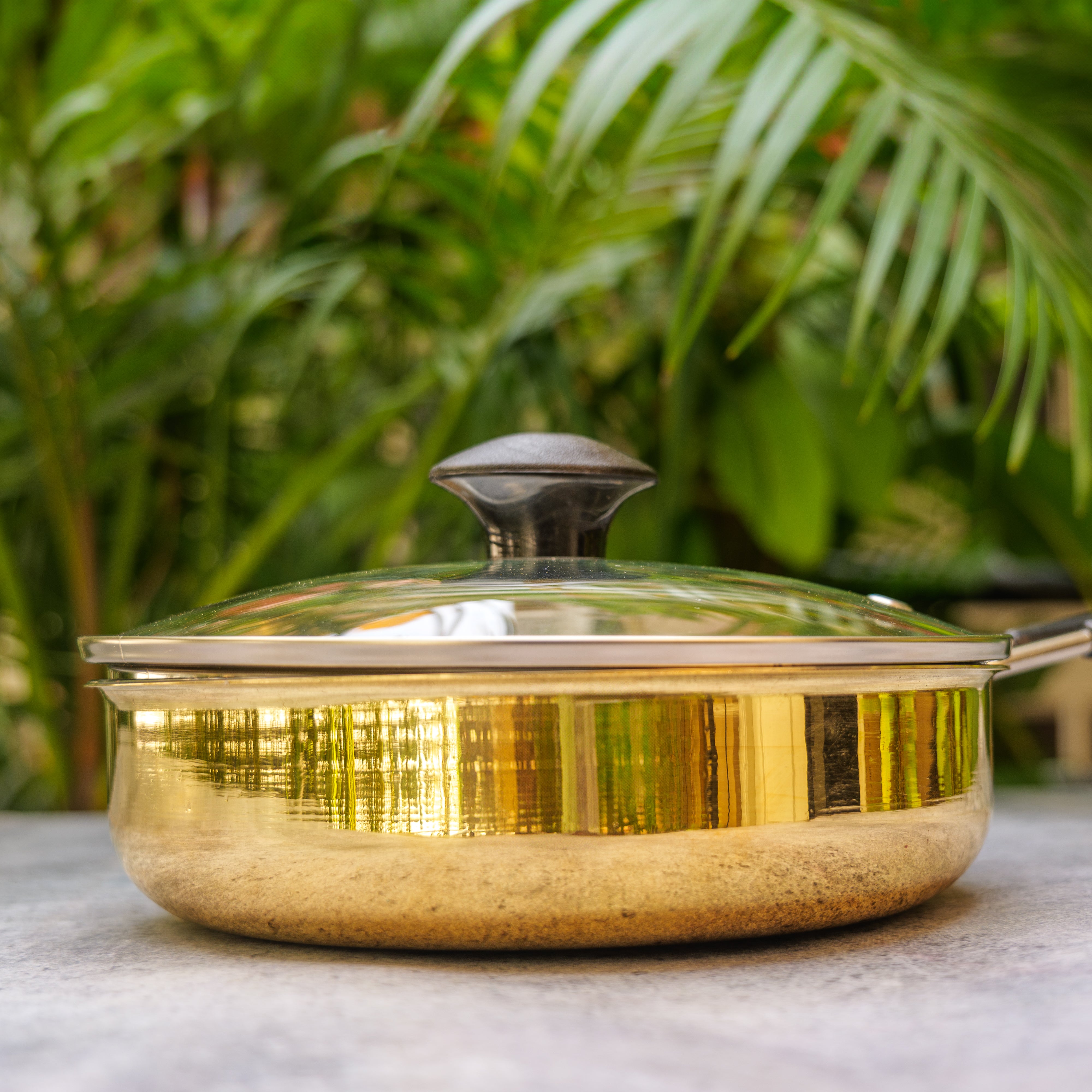 Ambi Exquisite Brass Fry Pan Glossy with Glass Lid and Tin Coating - 8 inches Diameter