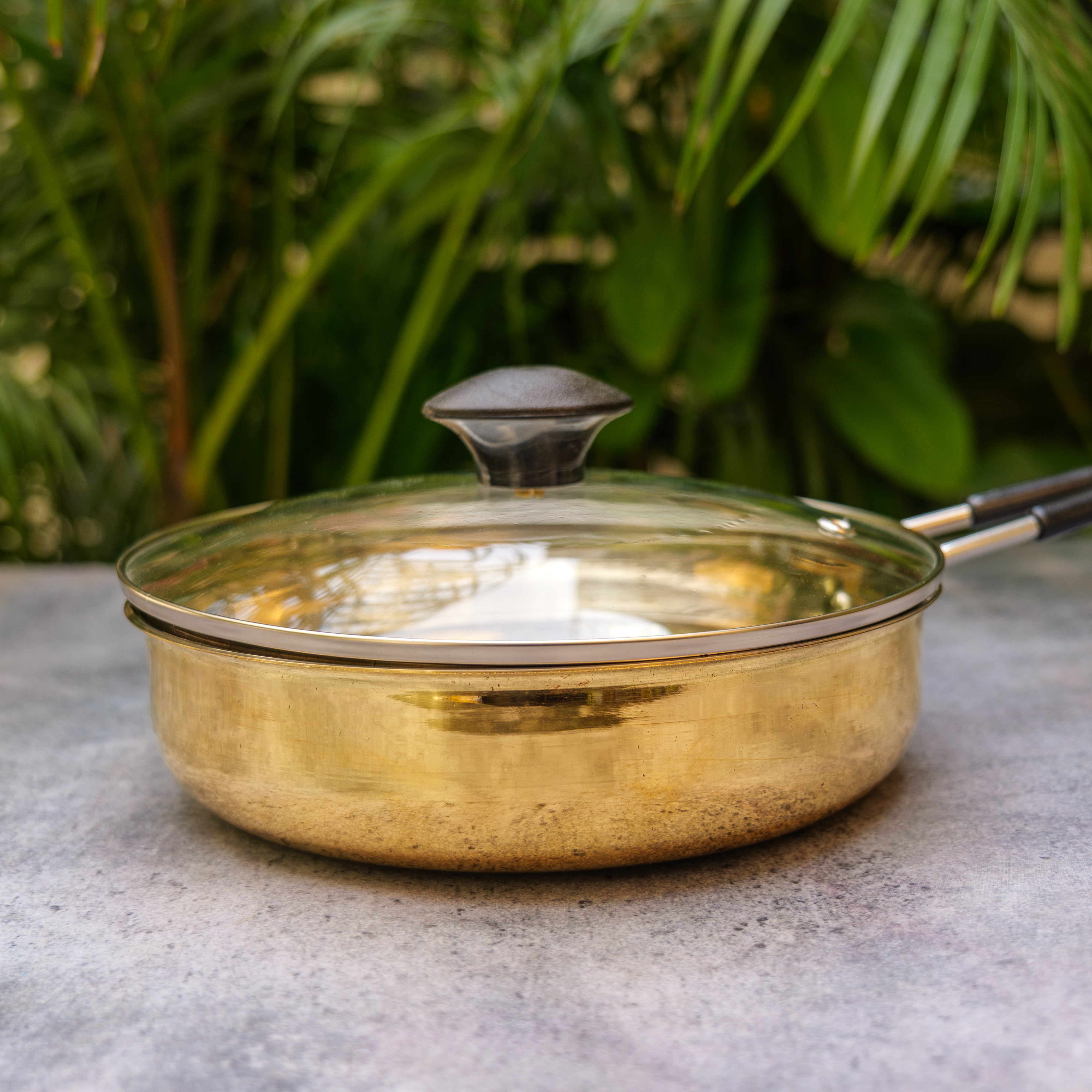 Ambi Exquisite Brass Fry Pan Glossy with Glass Lid and Tin Coating - 8 inches Diameter