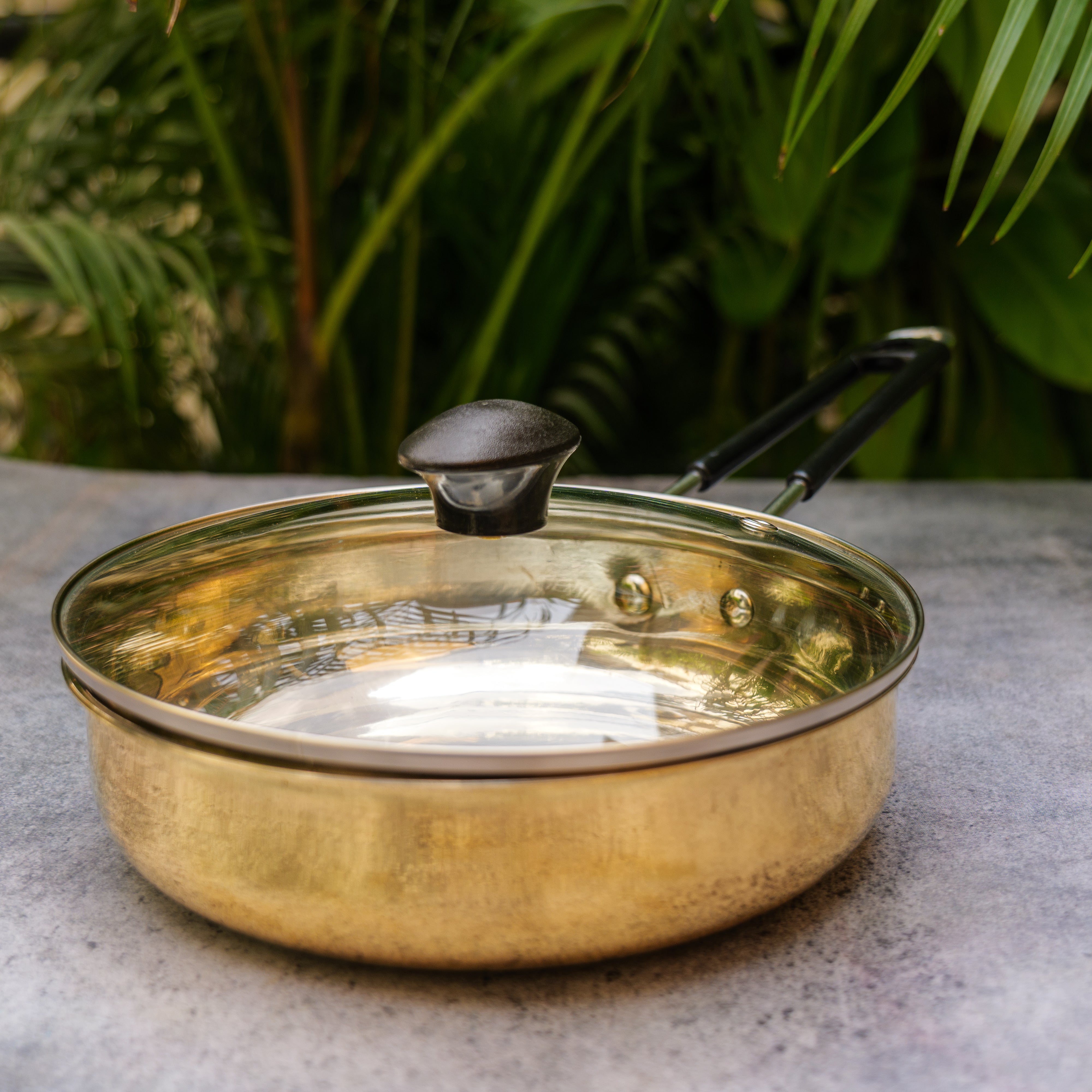 Ambi Exquisite Brass Fry Pan Glossy with Glass Lid and Tin Coating - 8 inches Diameter