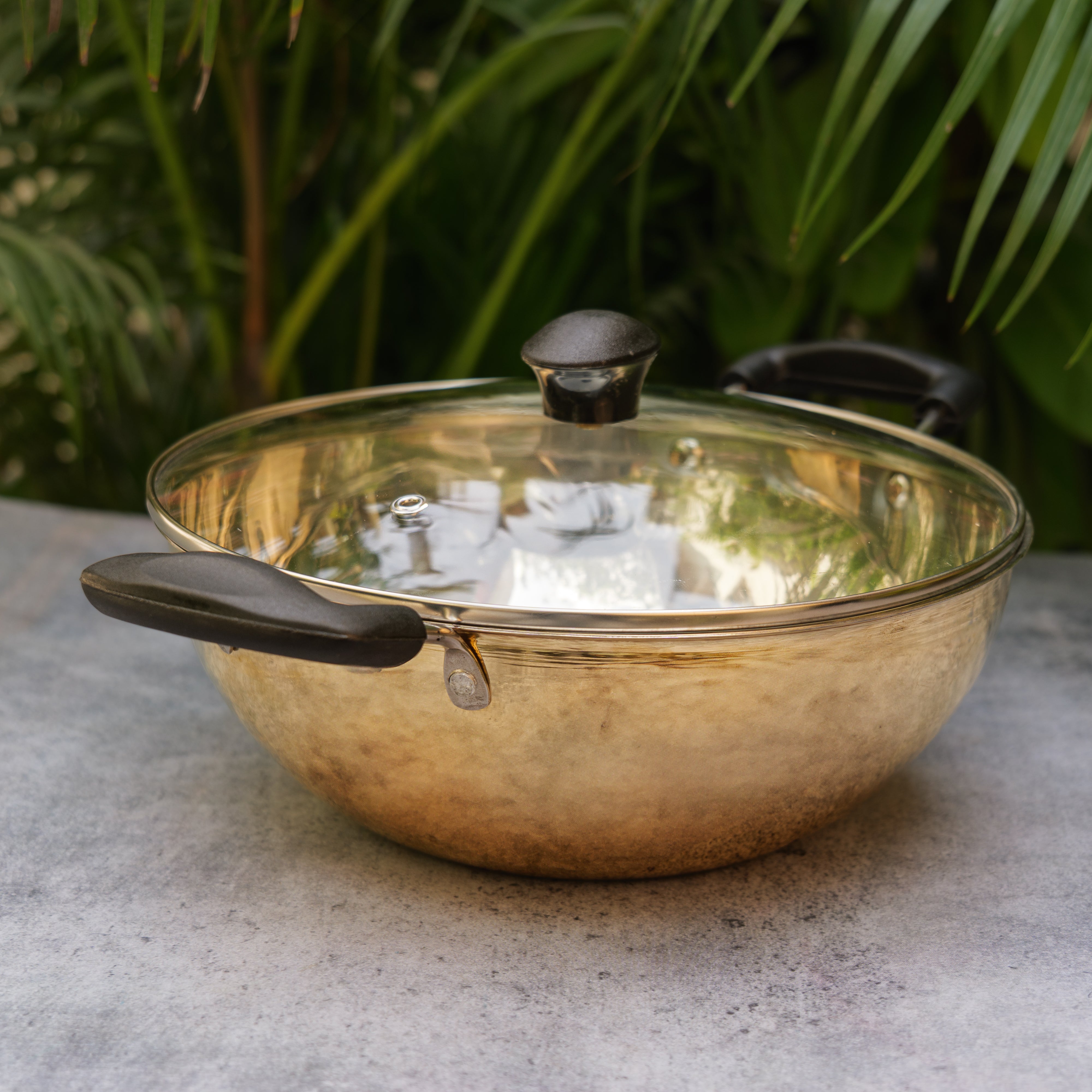 Brass Traditional Kadhai / Kadai with Glass Top - 10 inches Diameter