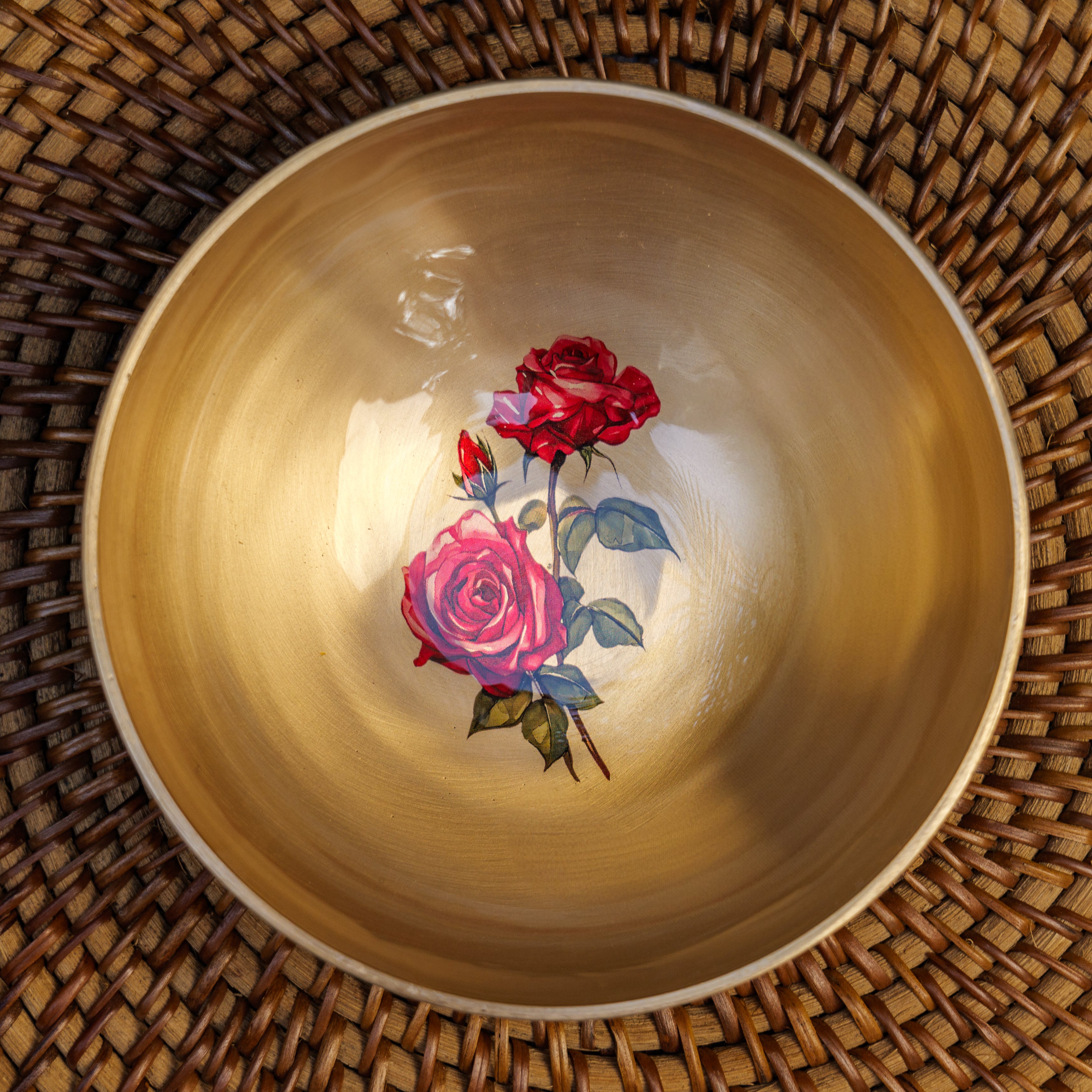 AMBI 100% Pure Kansa Floral Hand Painted Bowl  - Rose Design - 6 Inches Diameter