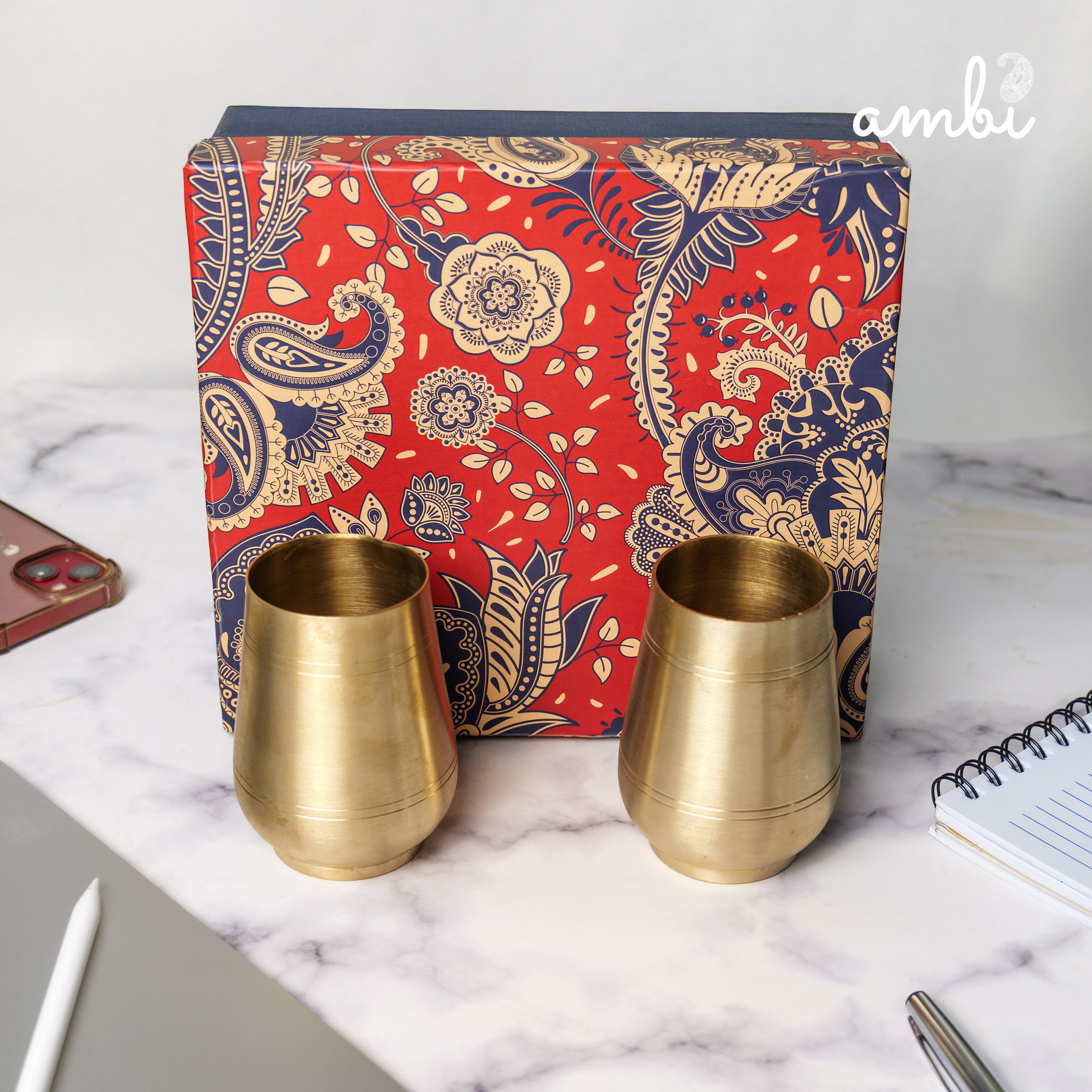 Ambi Gift Set of 2 Lead Free 100% Pure Kansa Heavy Damru Glass - 330 ml Each