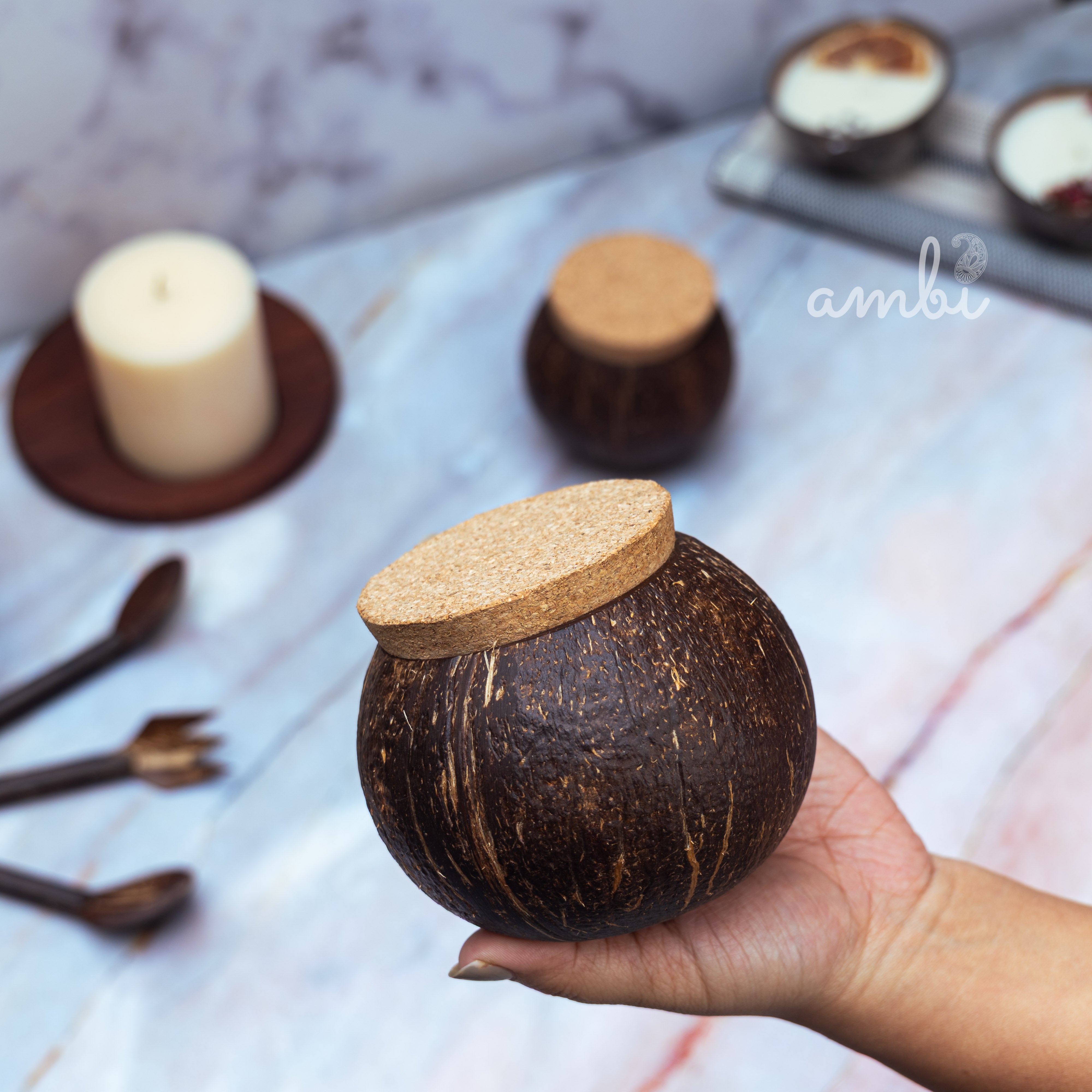 Coconut Shell Tight Storage Containers with Lid - Set of 2
