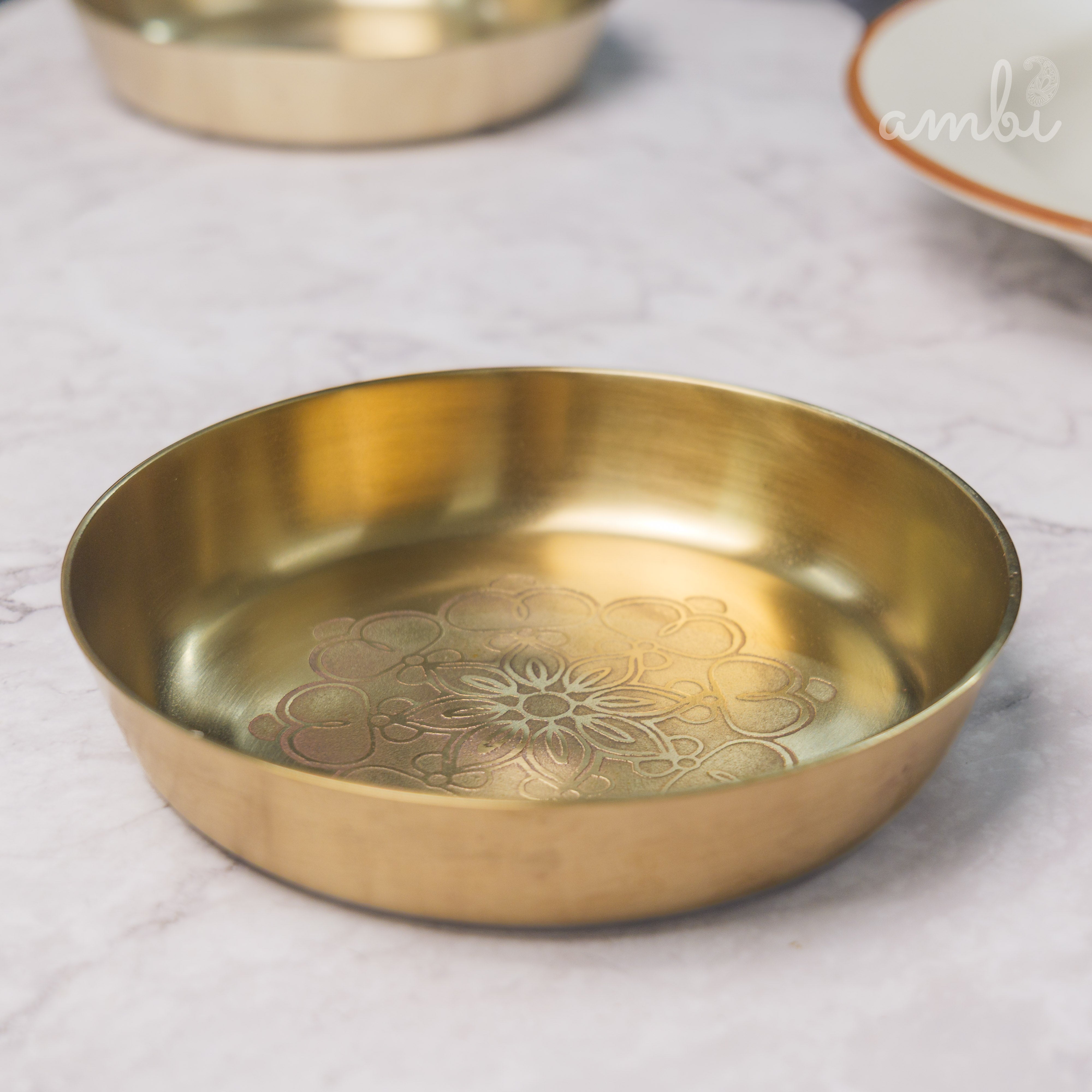 Ambi Lead Free 100% Pure Kansa Plate - Mandala Etched Dessert Bowl 6 in