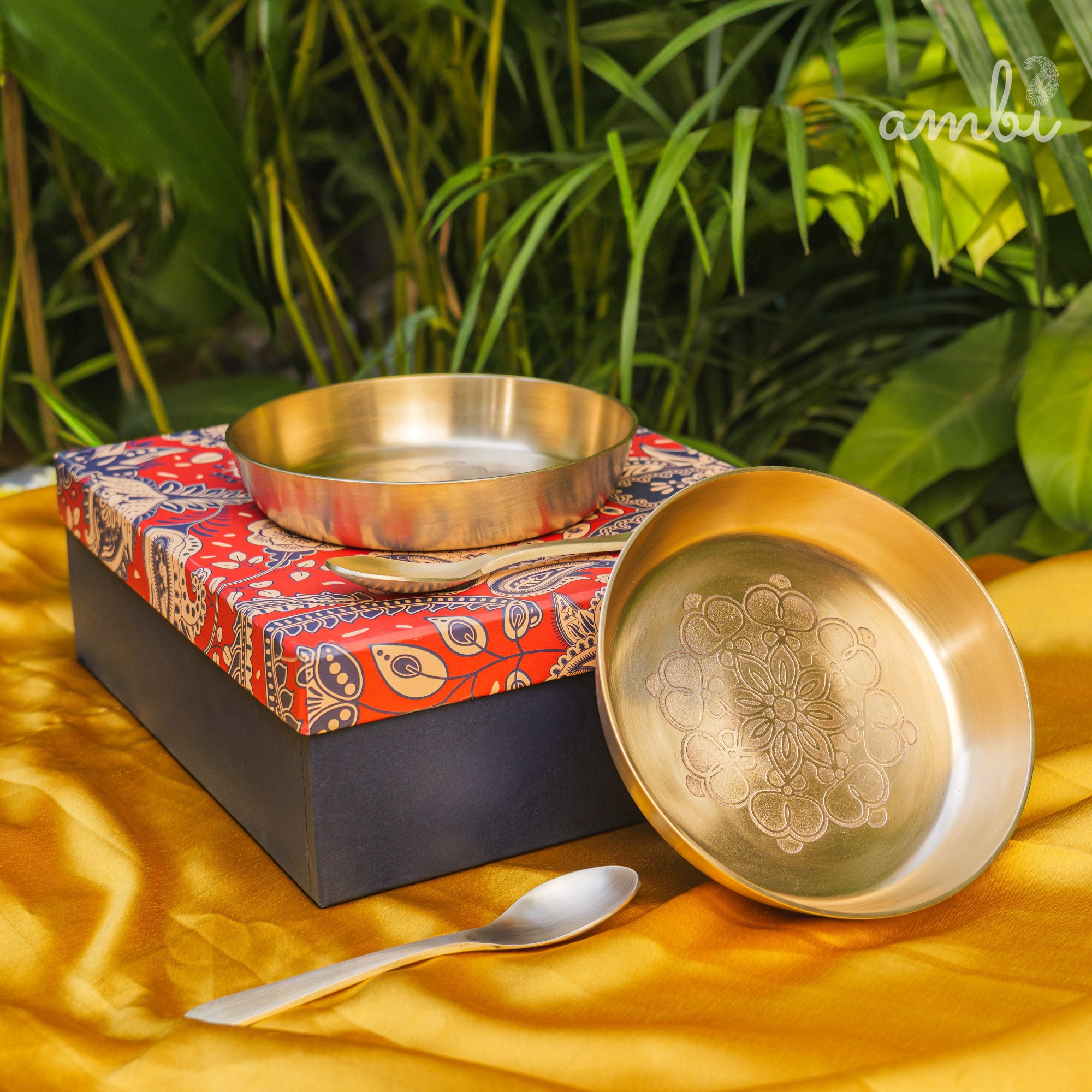 Gift Box – Ambi 100% Pure Lead-Free Kansa Plate with Mandala Etching (6-Inch Diameter) & Matching Kansa Spoon