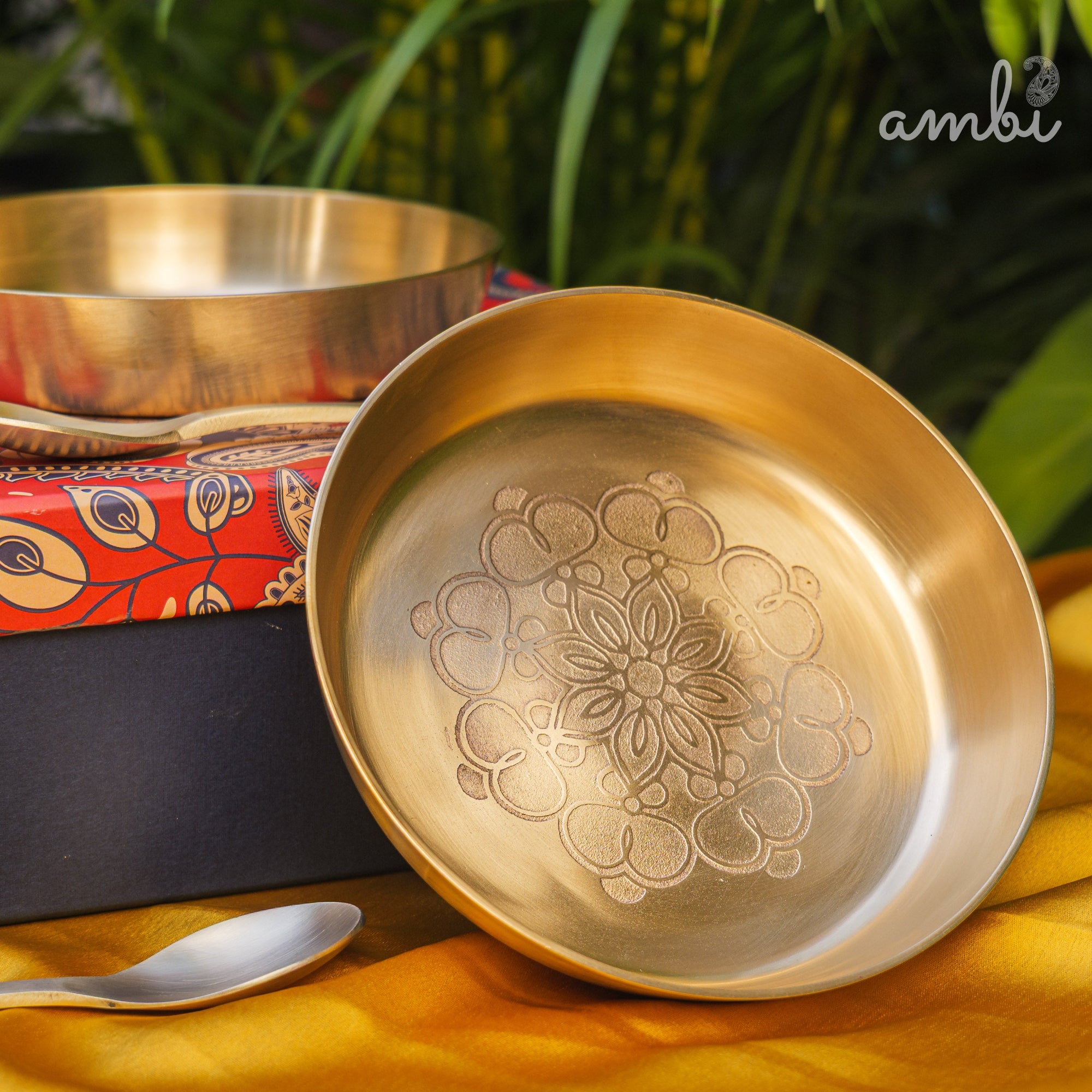 Gift Box – Ambi 100% Pure Lead-Free Kansa Plate with Mandala Etching (6-Inch Diameter) & Matching Kansa Spoon