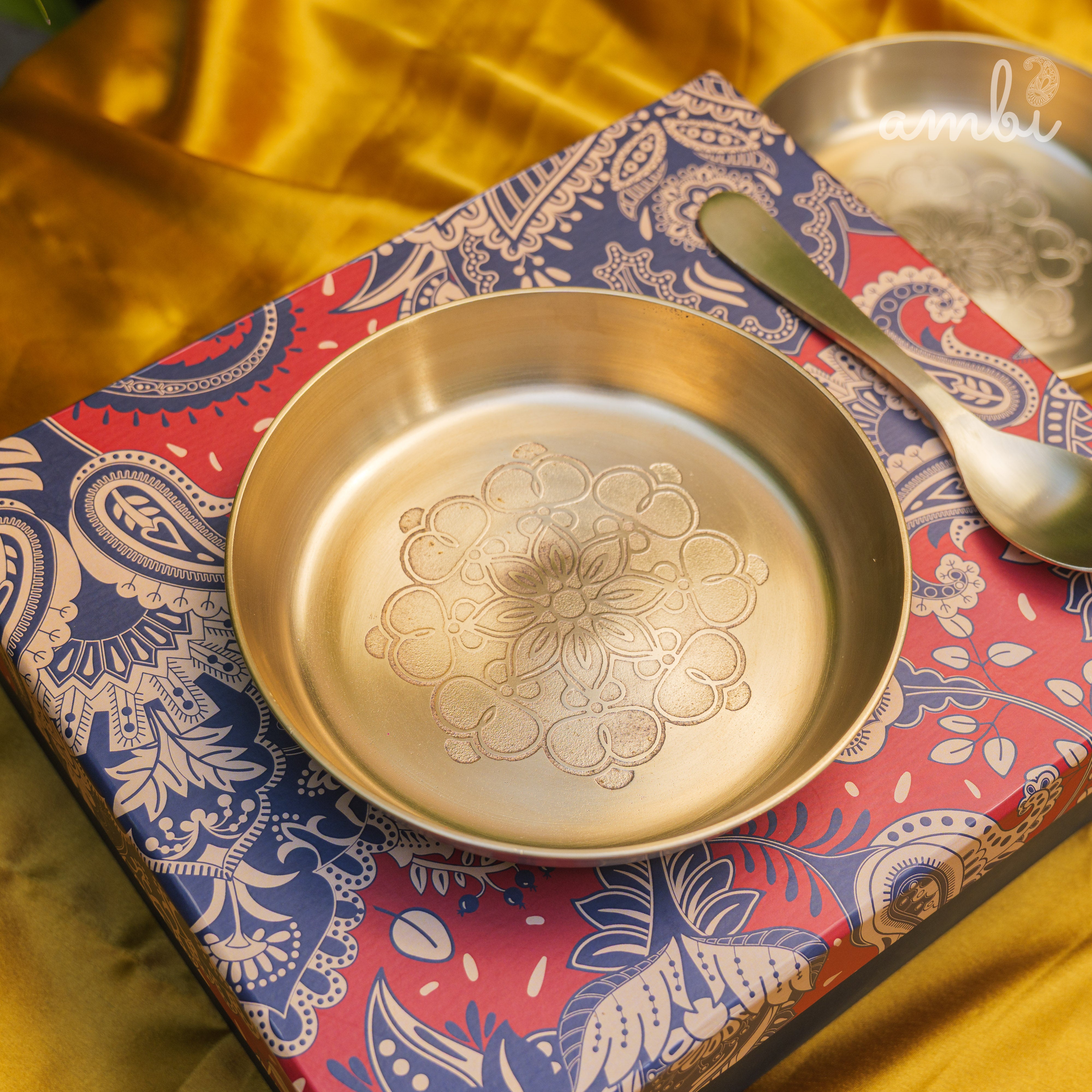 Gift Box – Ambi 100% Pure Lead-Free Kansa Plate with Mandala Etching (6-Inch Diameter) & Matching Kansa Spoon