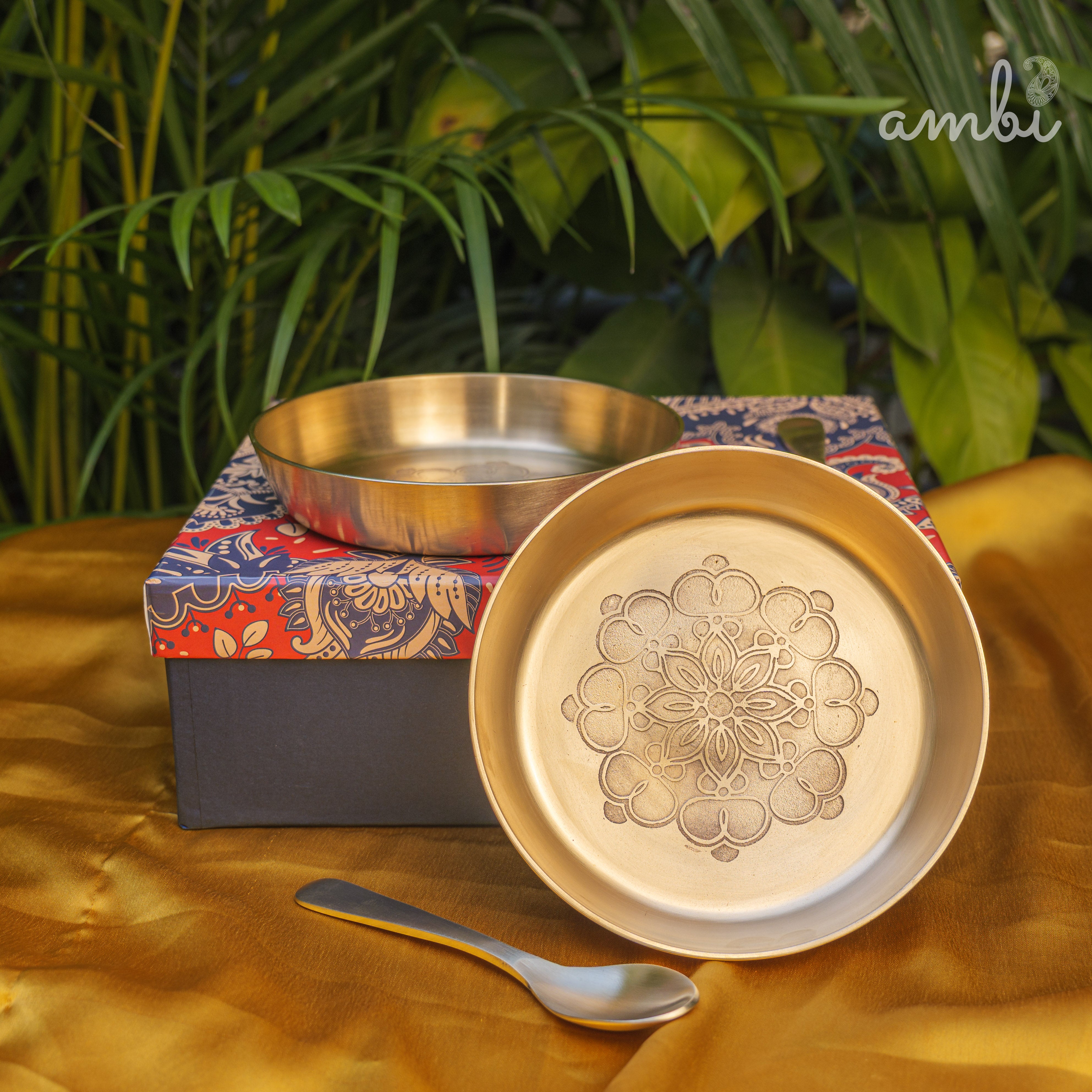 Gift Box – Ambi 100% Pure Lead-Free Kansa Plate with Mandala Etching (6-Inch Diameter) & Matching Kansa Spoon