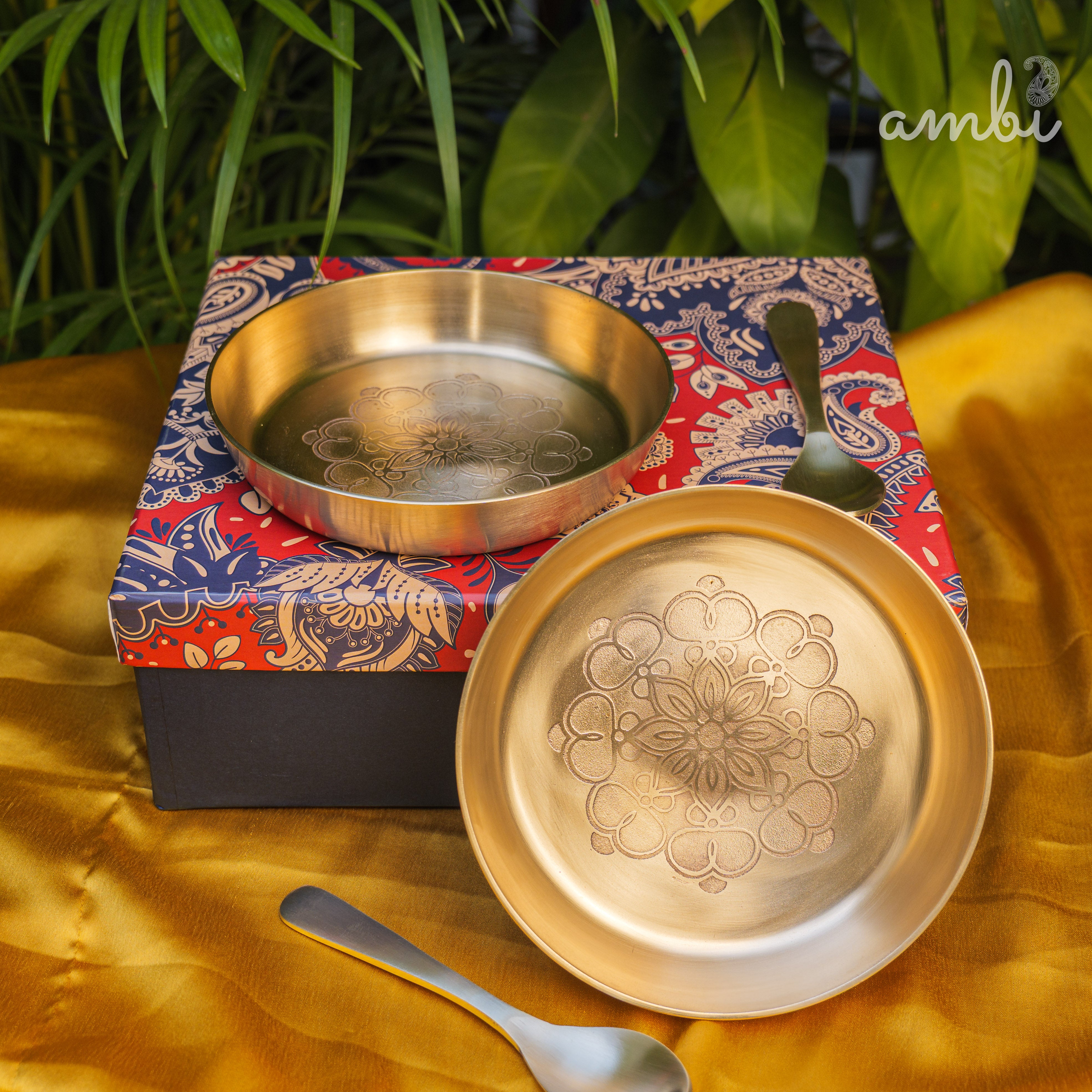 Gift Box – Ambi 100% Pure Lead-Free Kansa Plate with Mandala Etching (6-Inch Diameter) & Matching Kansa Spoon