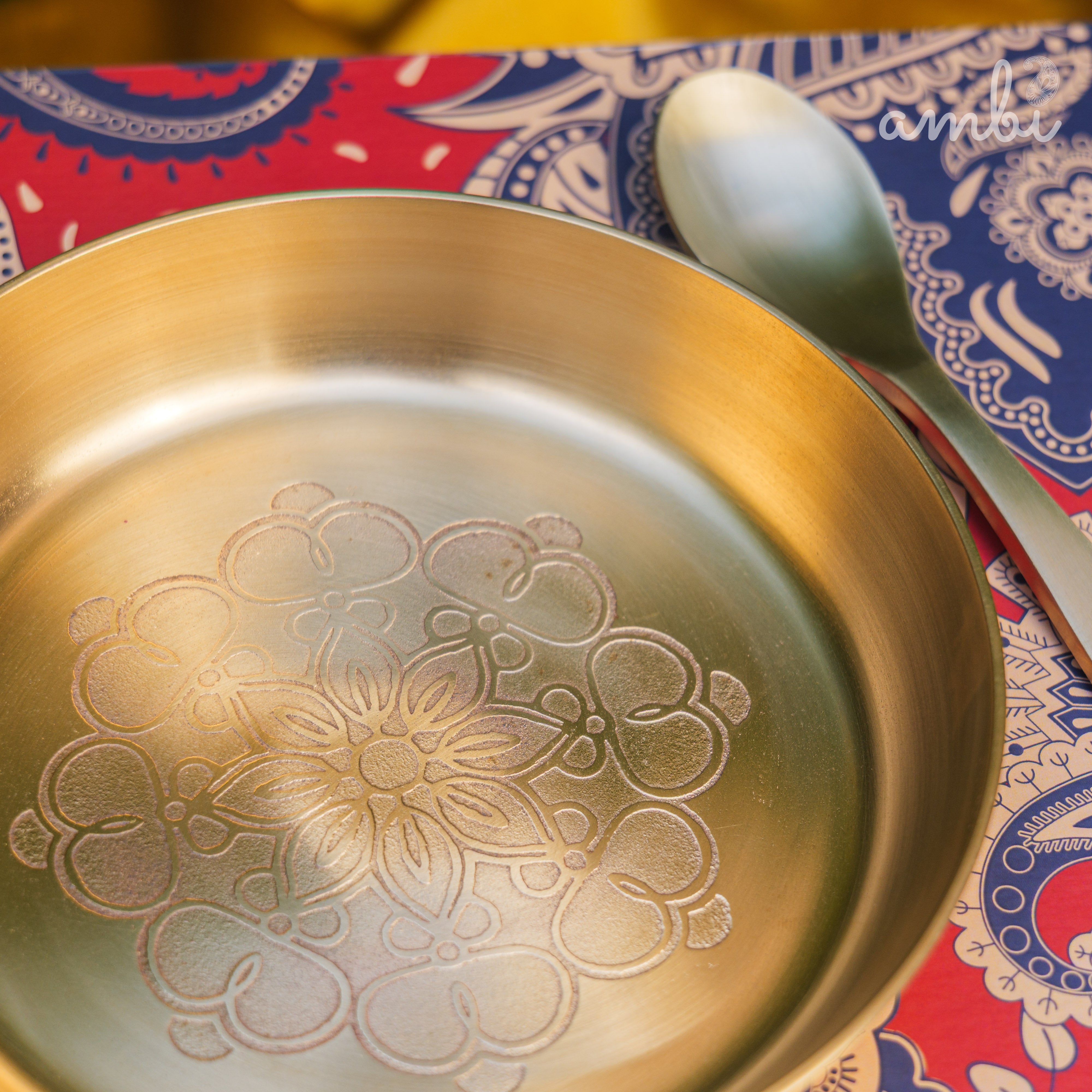 Gift Box – Ambi 100% Pure Lead-Free Kansa Plate with Mandala Etching (6-Inch Diameter) & Matching Kansa Spoon