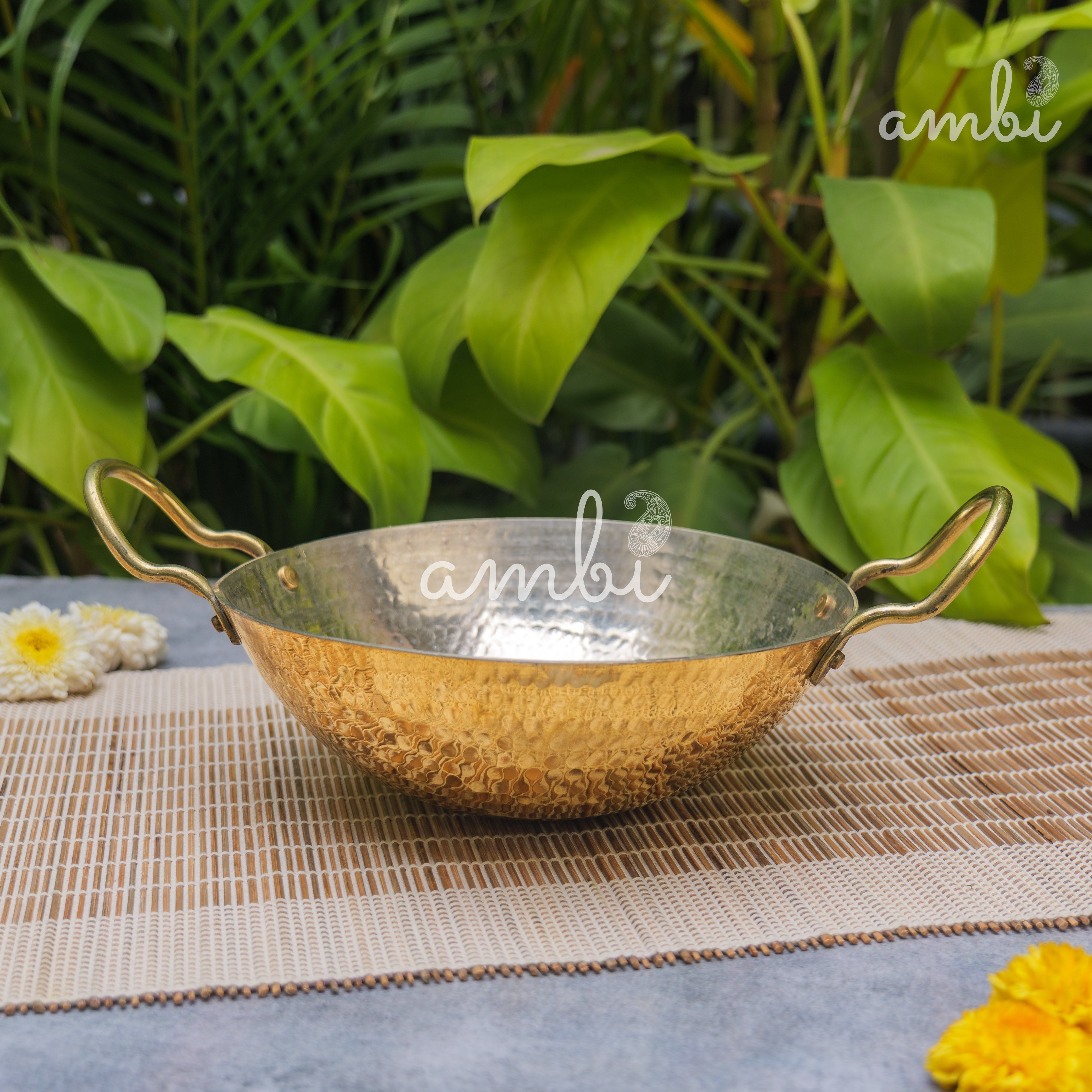 Pure Brass Peetal ki Kadai with Durable Handles — Medium | 7 Inch | 1 Litre | Ambi