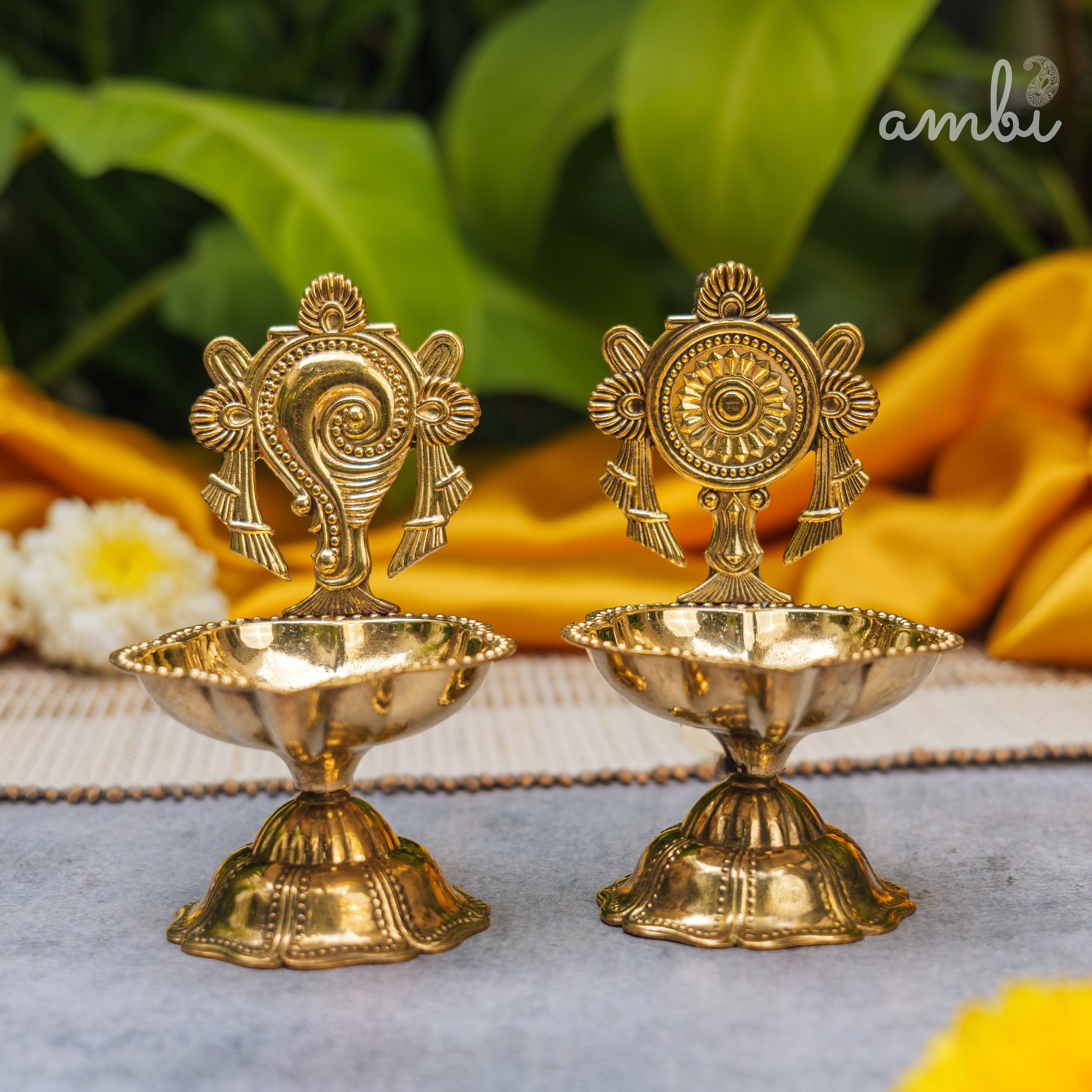 Pure Brass Diya Shankh & Chakra Designs - Set of 2 - 4 Inches height