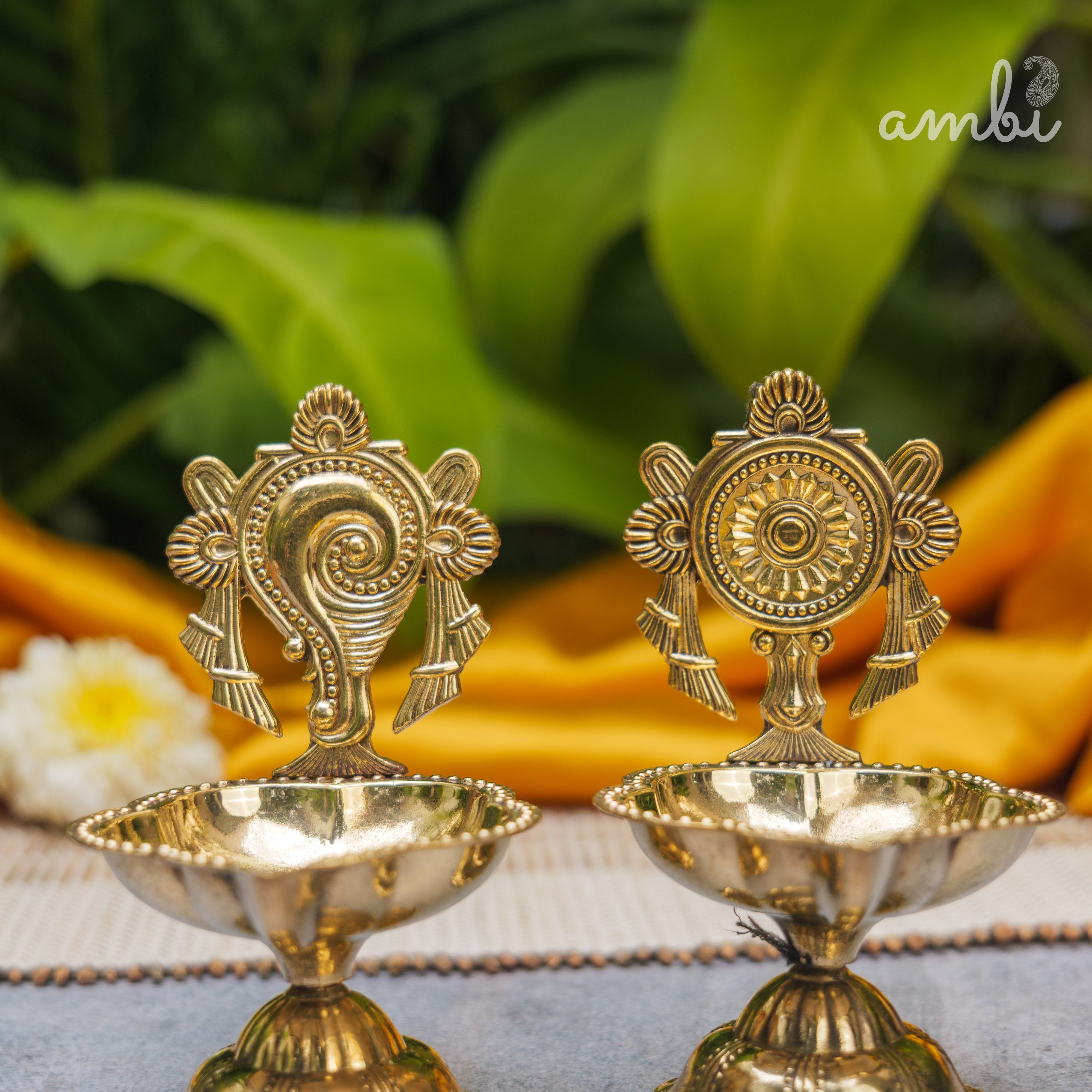 Pure Brass Diya Shankh & Chakra Designs - Set of 2 - 4 Inches height
