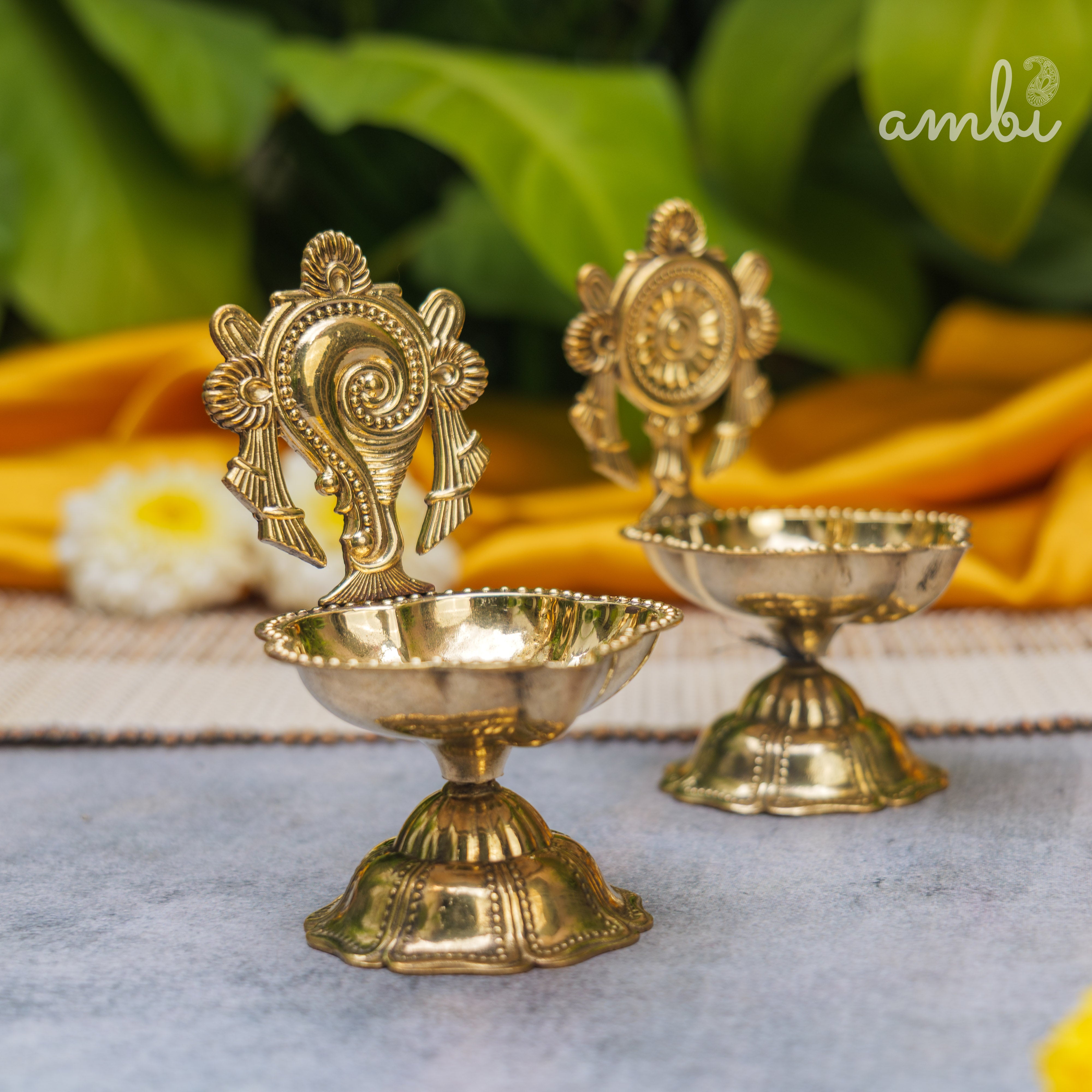 Pure Brass Diya Shankh & Chakra Designs - Set of 2 - 4 Inches height