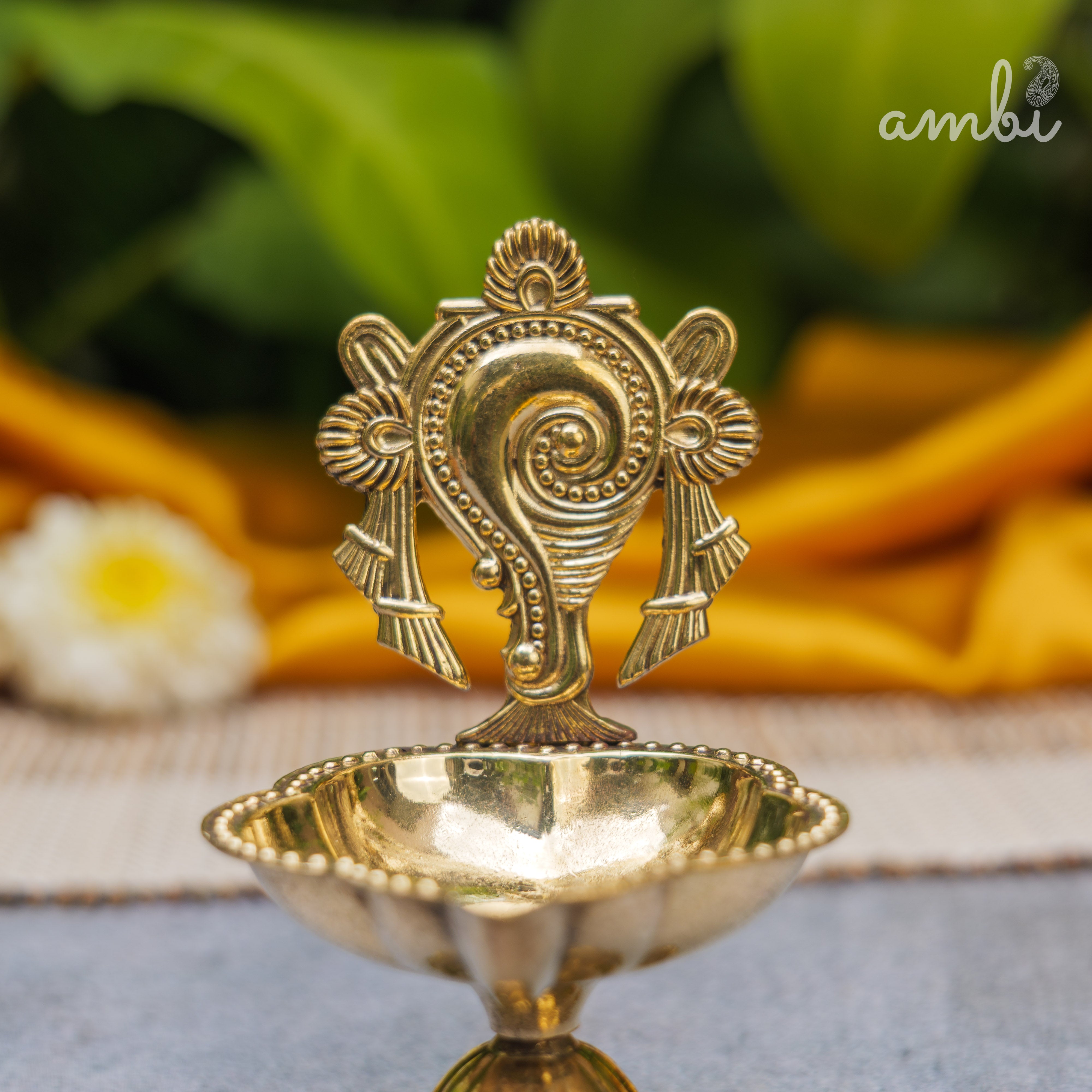 Pure Brass Diya Shankh & Chakra Designs - Set of 2 - 4 Inches height