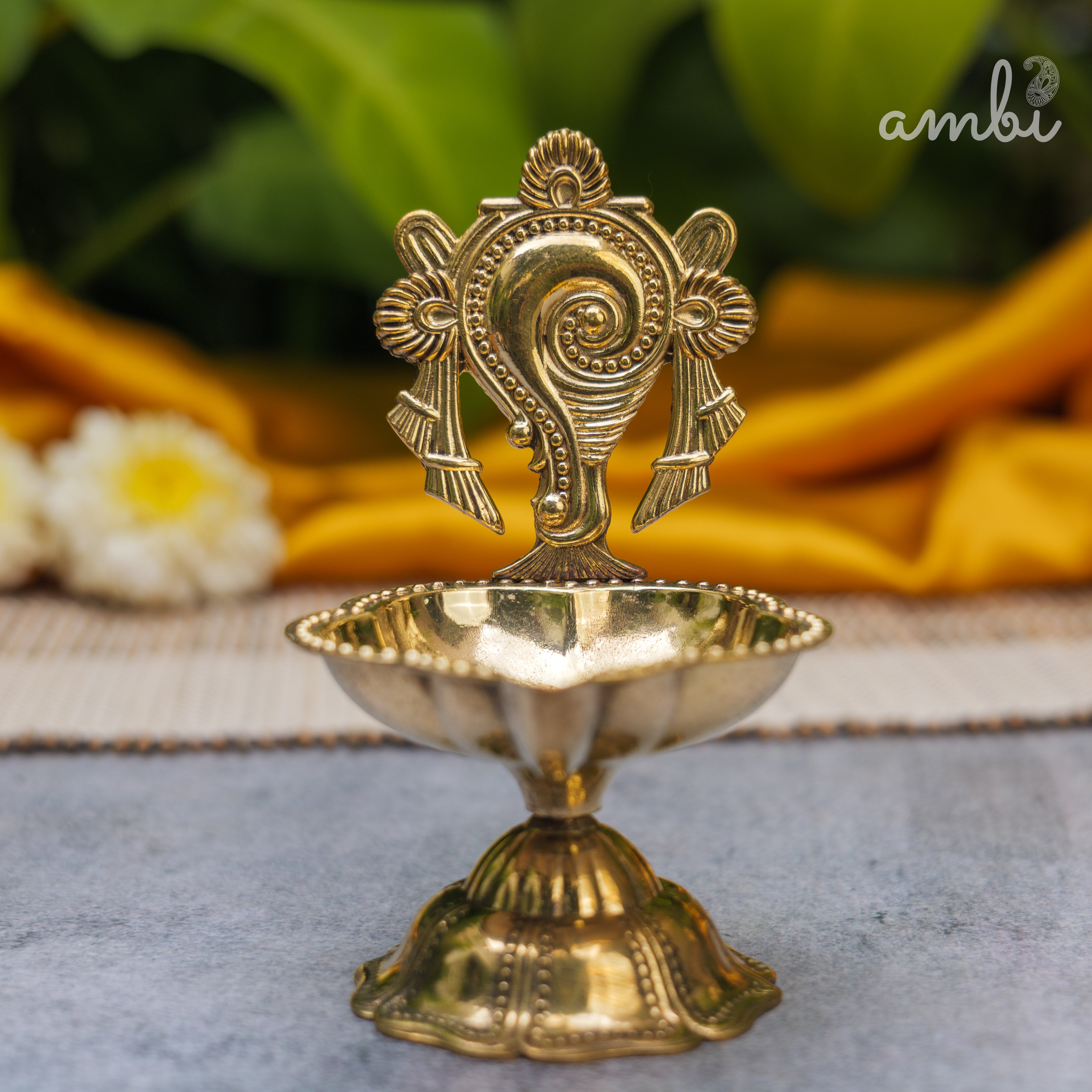 Pure Brass Diya Shankh & Chakra Designs - Set of 2 - 4 Inches height